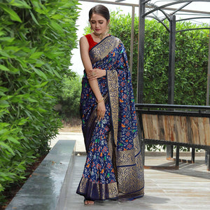 Blue Patola Printed With Woven Border Banarasi Silk Saree - Peachmode