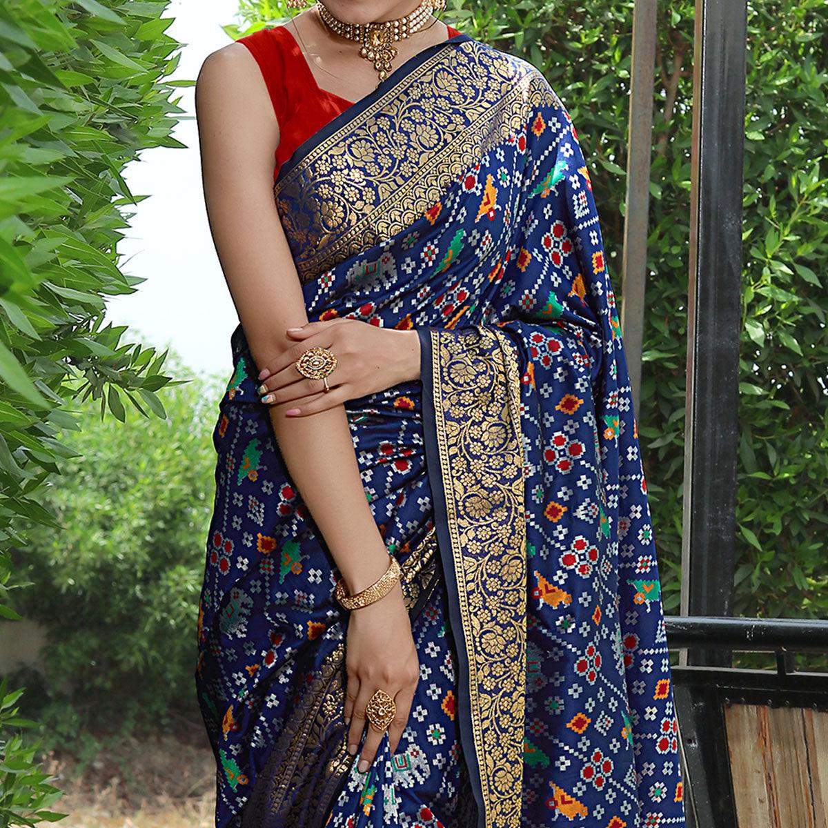 Blue Patola Printed With Woven Border Banarasi Silk Saree - Peachmode