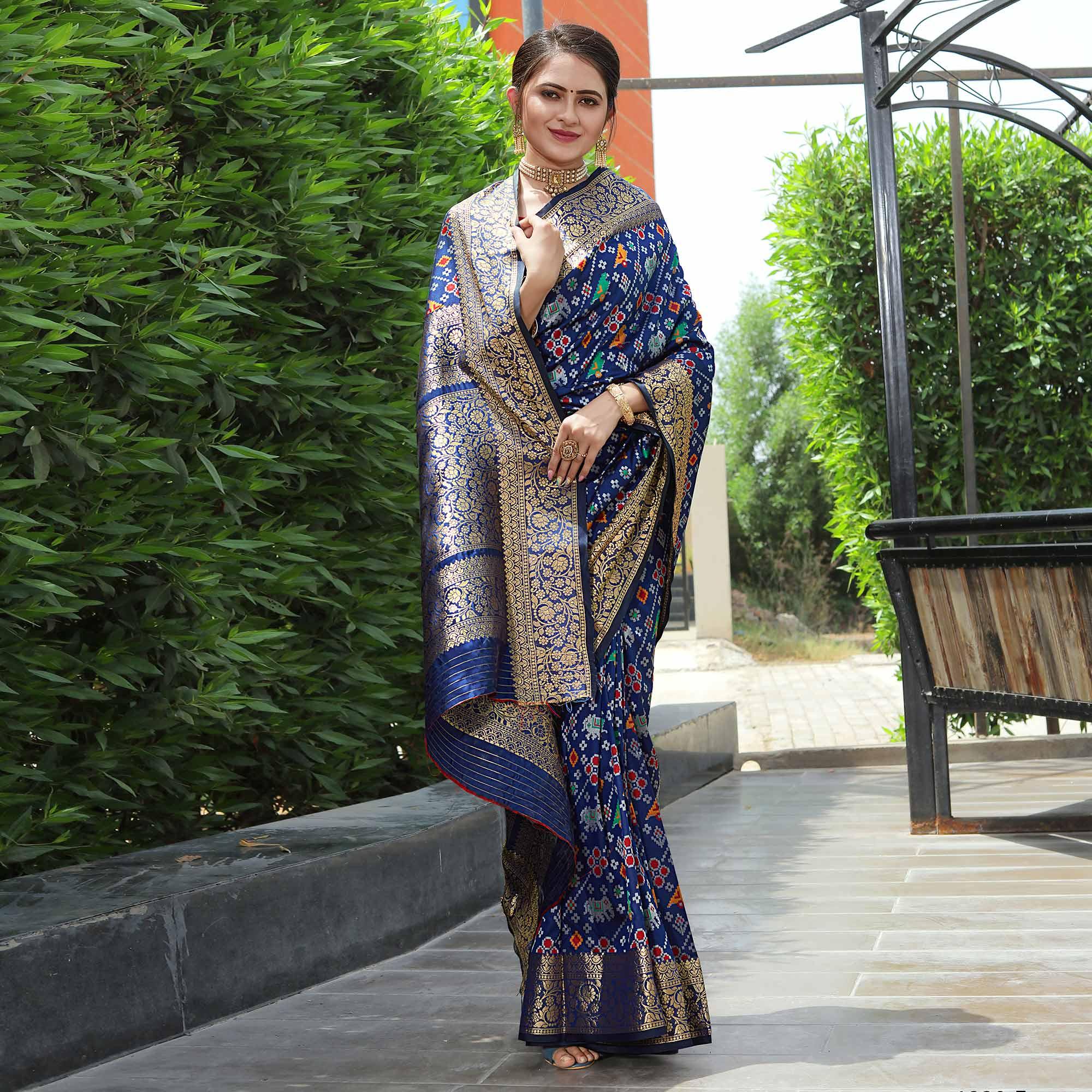Blue Patola Printed With Woven Border Banarasi Silk Saree - Peachmode