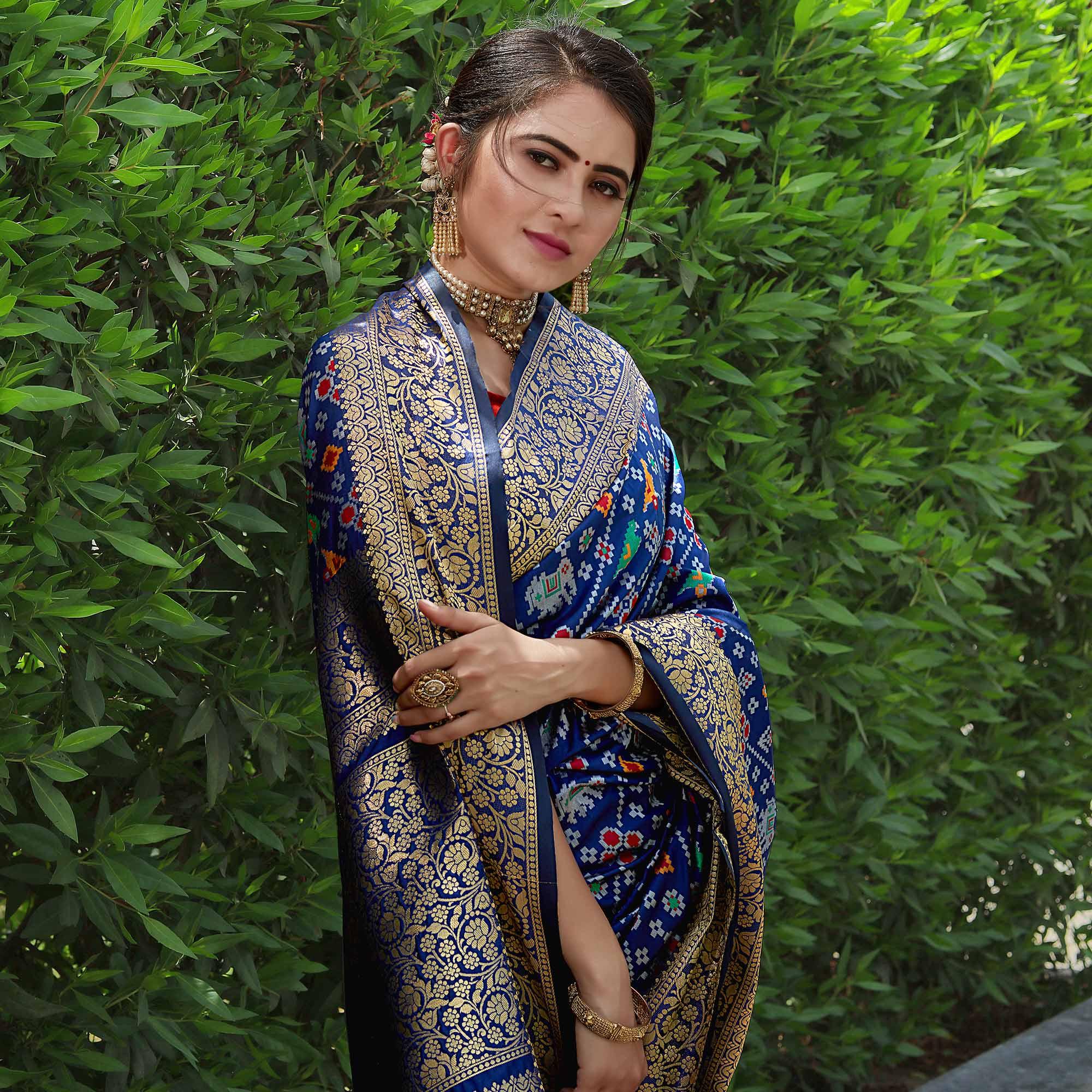 Blue Patola Printed With Woven Border Banarasi Silk Saree - Peachmode