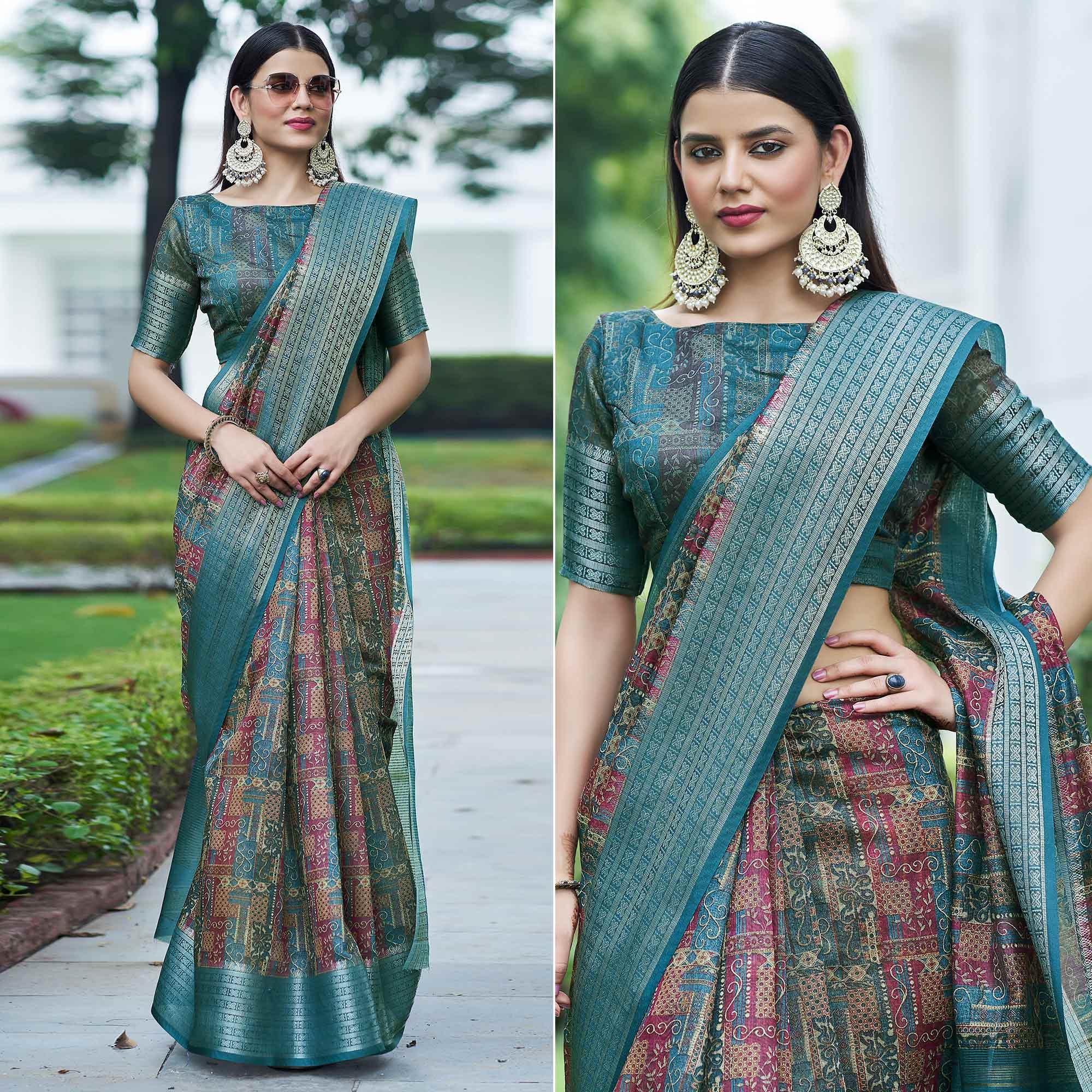 Blue-Pink Digital Printed Linen Saree - Peachmode