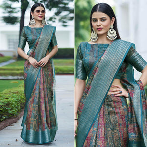Blue-Pink Digital Printed Linen Saree - Peachmode
