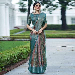 Blue-Pink Digital Printed Linen Saree - Peachmode