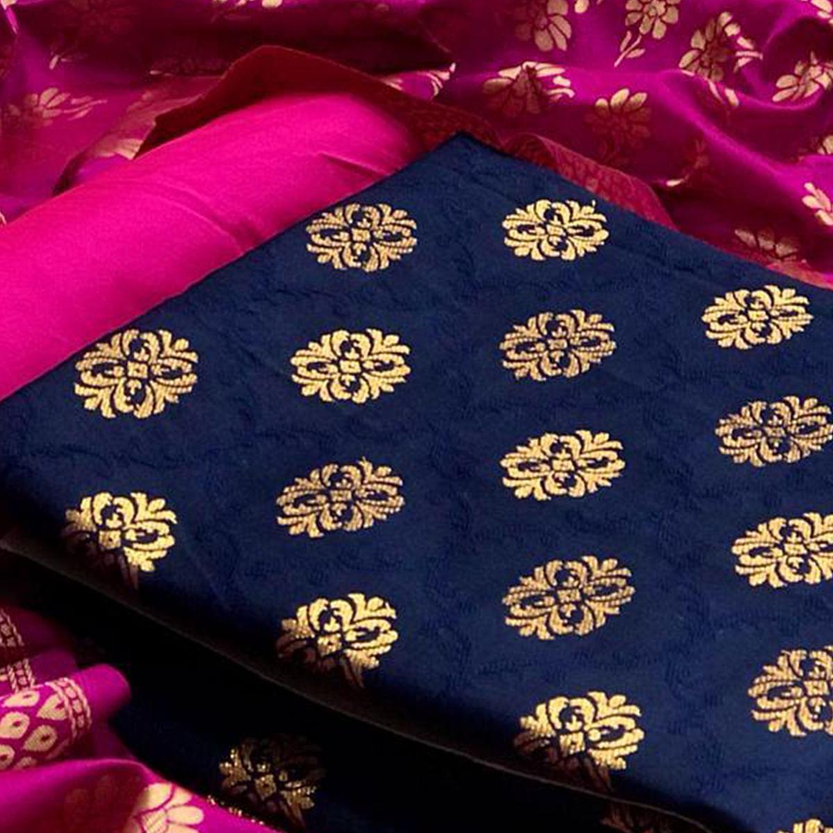 Blue-Pink Festive Wear Woven Banarasi Silk Dress Material - Peachmode