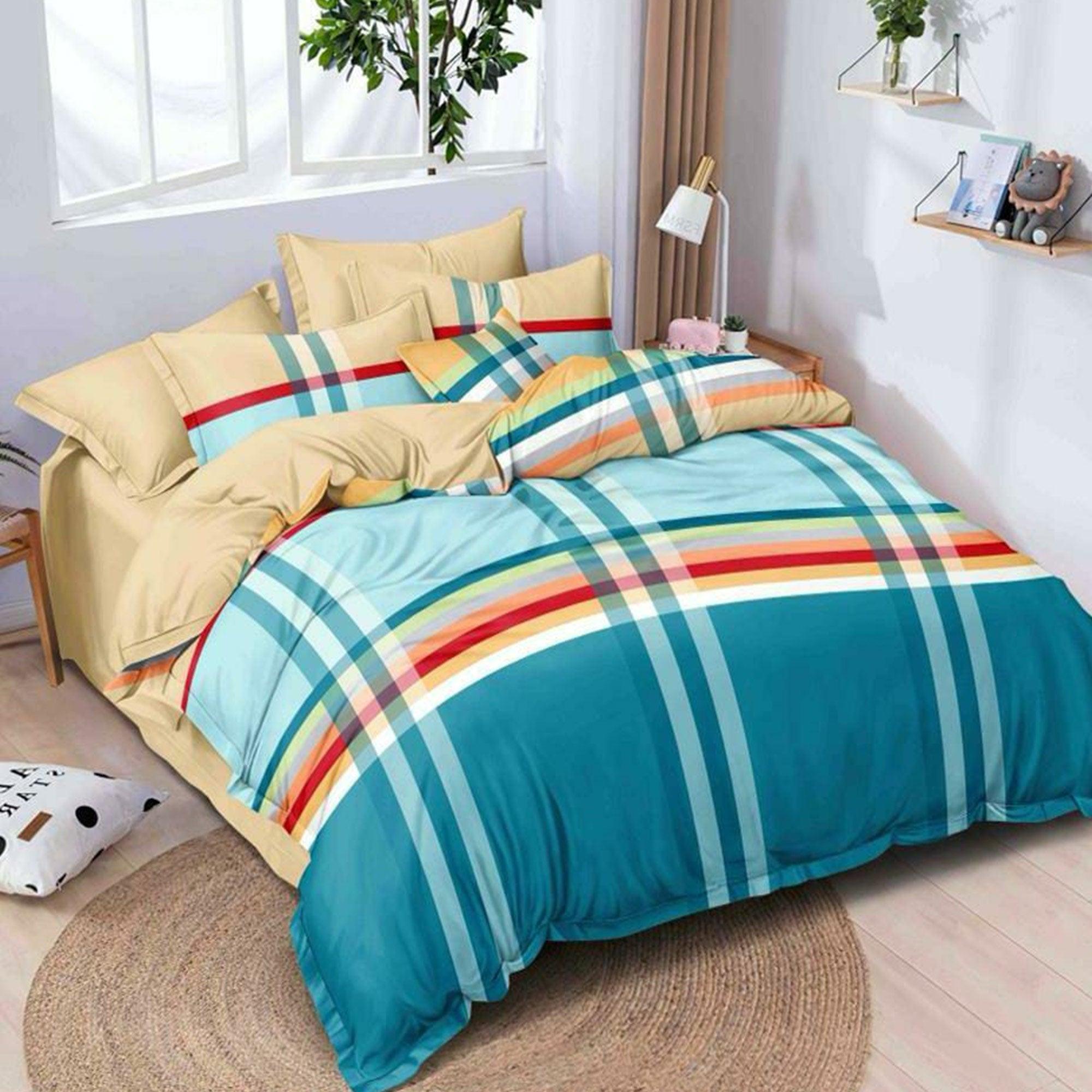 Blue Poly Cotton Double Bedsheet with Pillow Cover - Peachmode