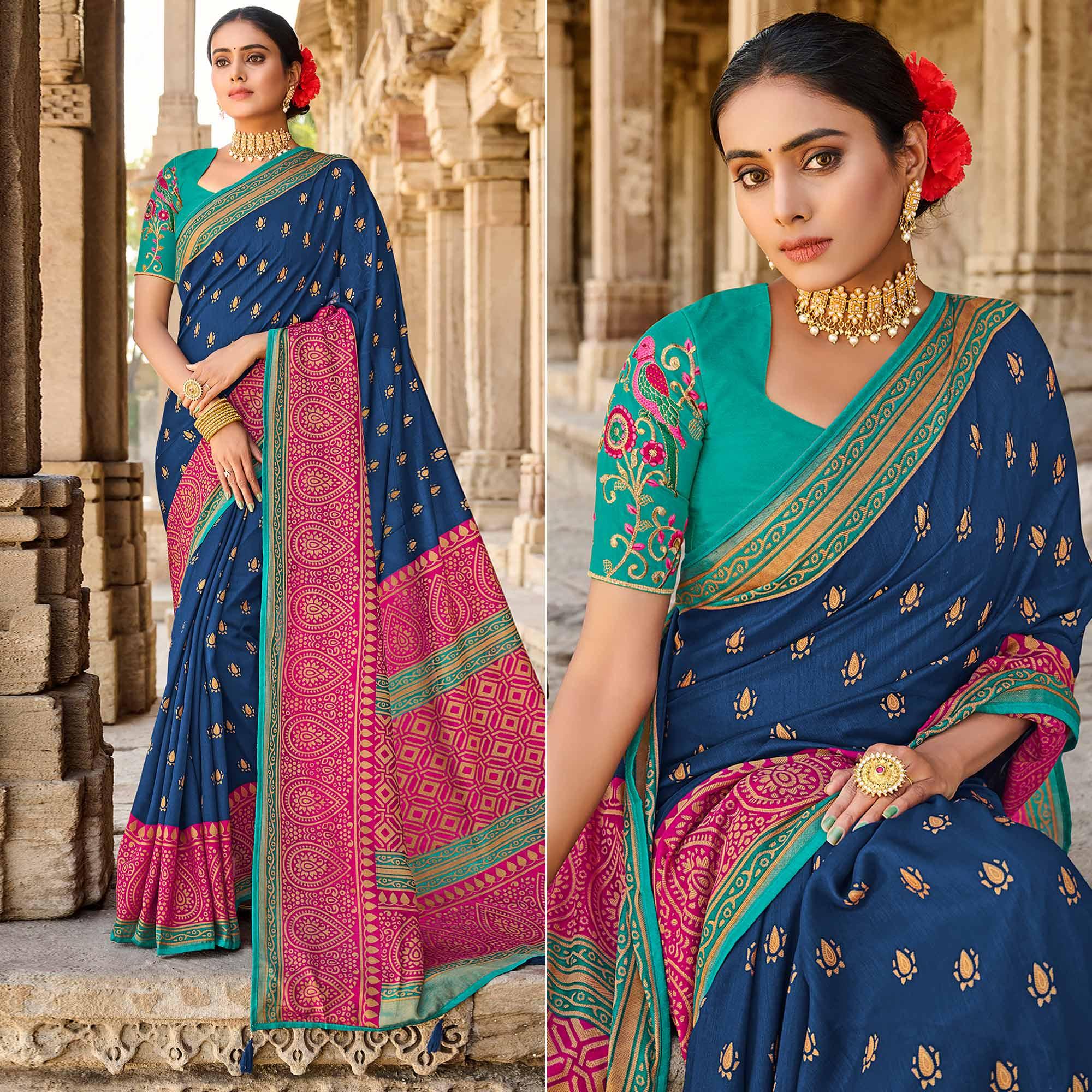 Blue Printed Art Silk Saree With Tassels - Peachmode
