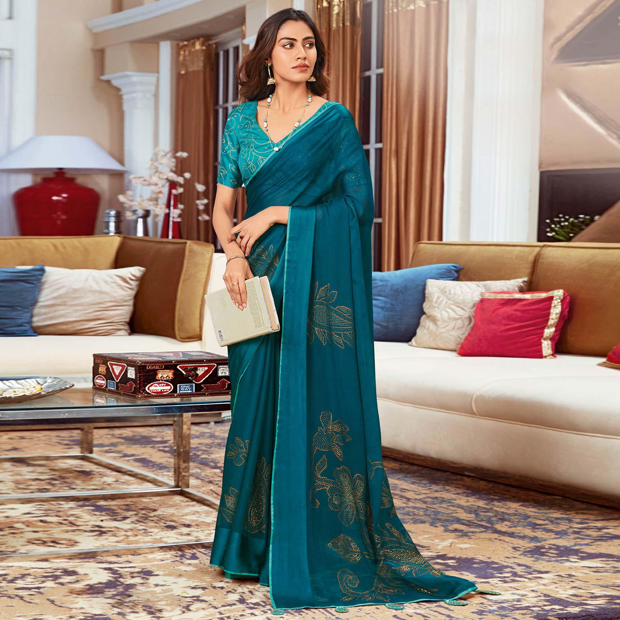 Blue Printed Art Silk Saree With Tassels - Peachmode
