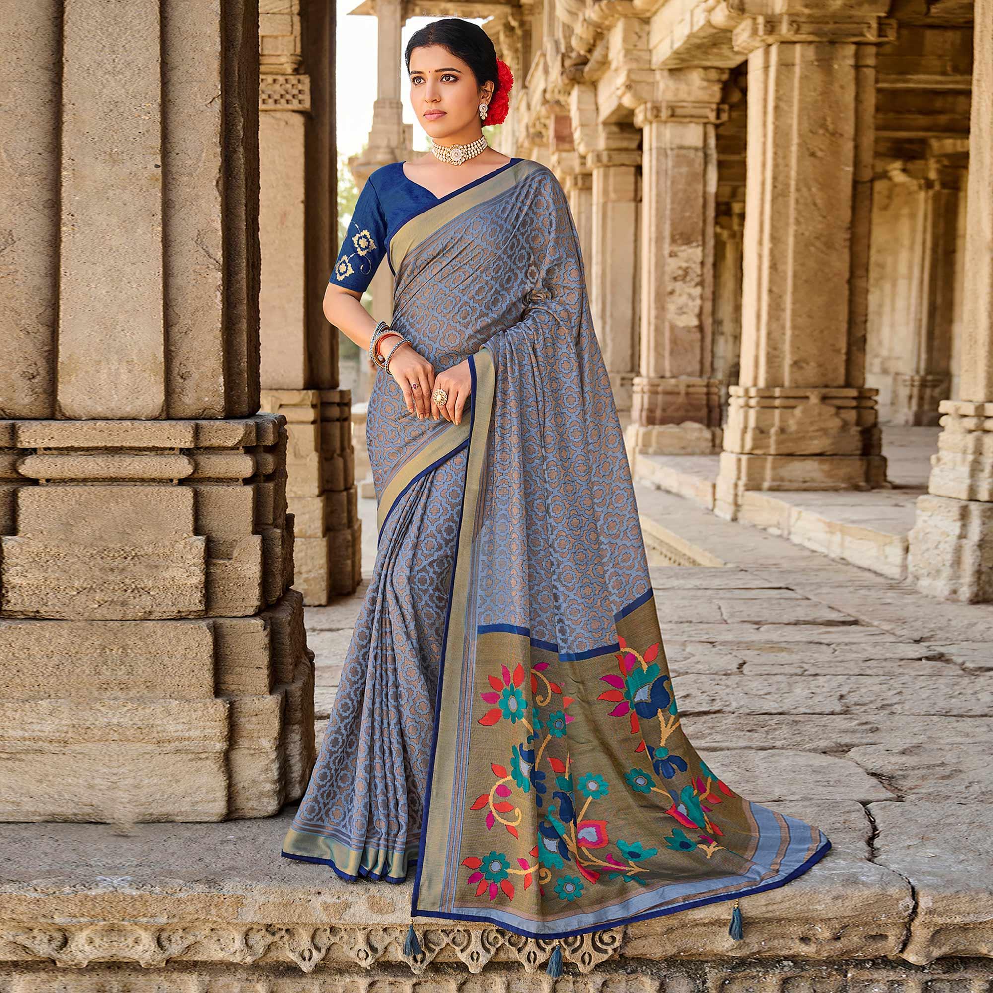 Blue Printed Art Silk Saree With Tassels - Peachmode