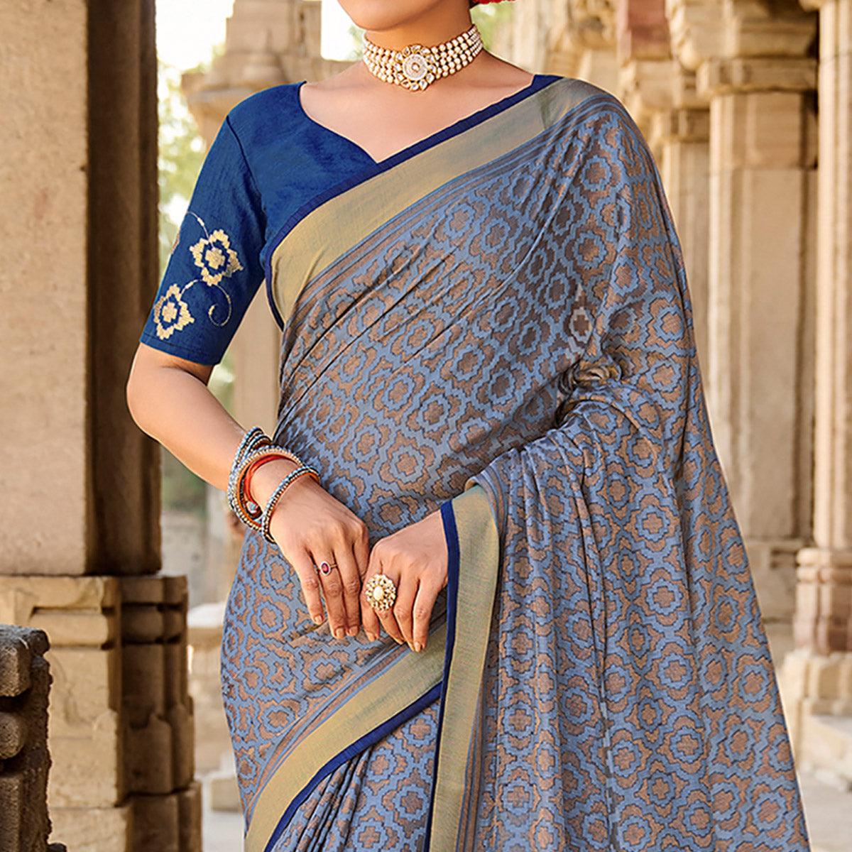 Blue Printed Art Silk Saree With Tassels - Peachmode