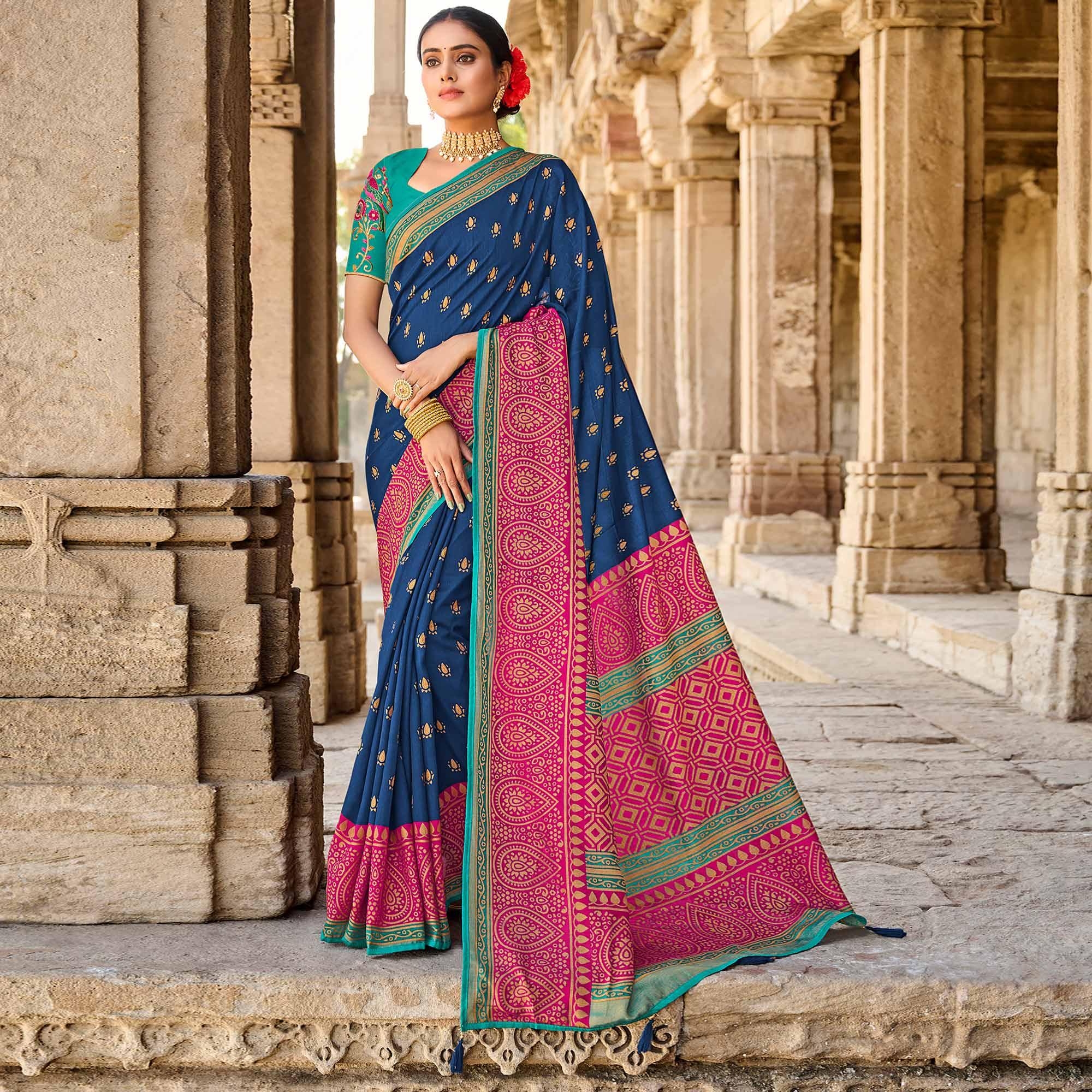 Blue Printed Art Silk Saree With Tassels - Peachmode