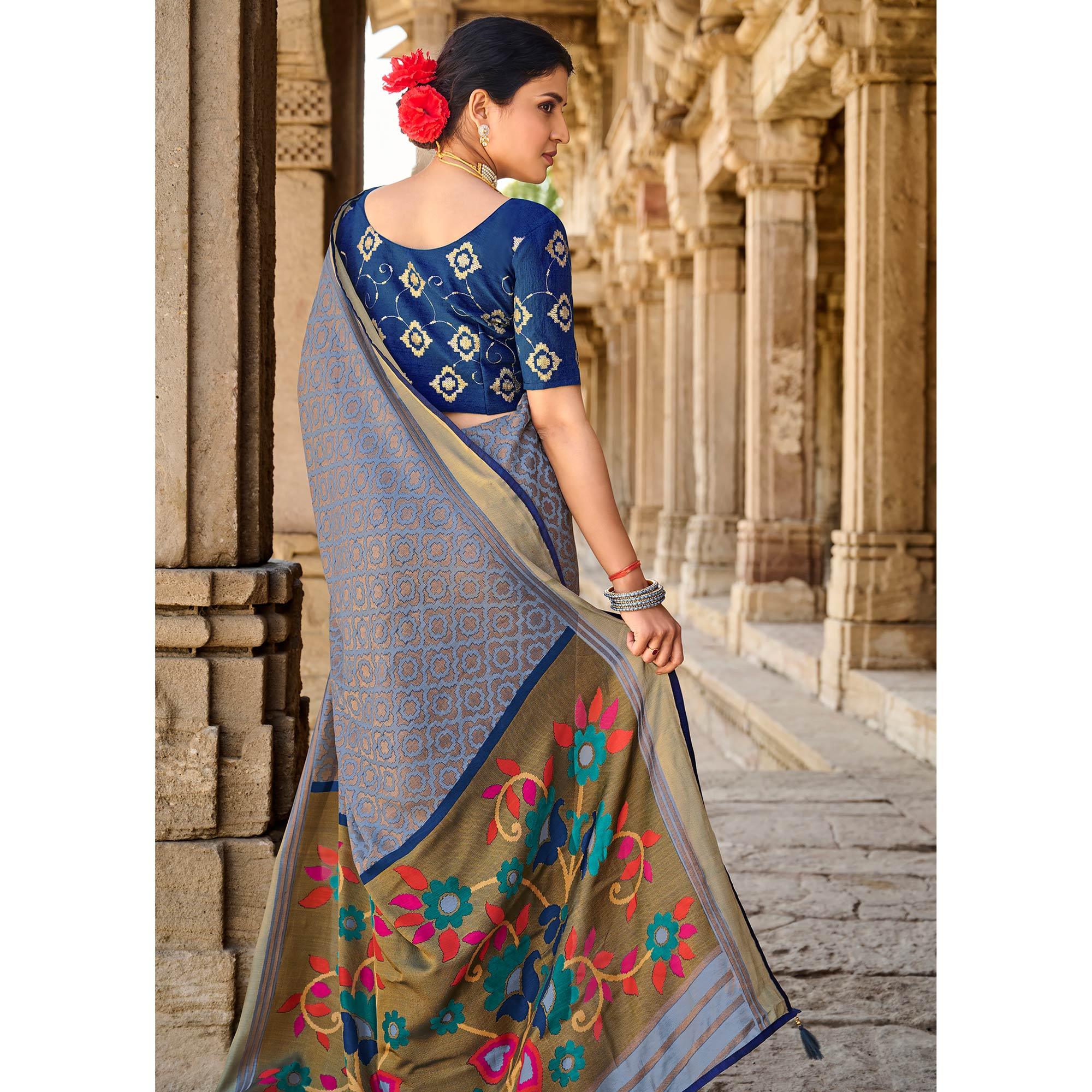 Blue Printed Art Silk Saree With Tassels - Peachmode