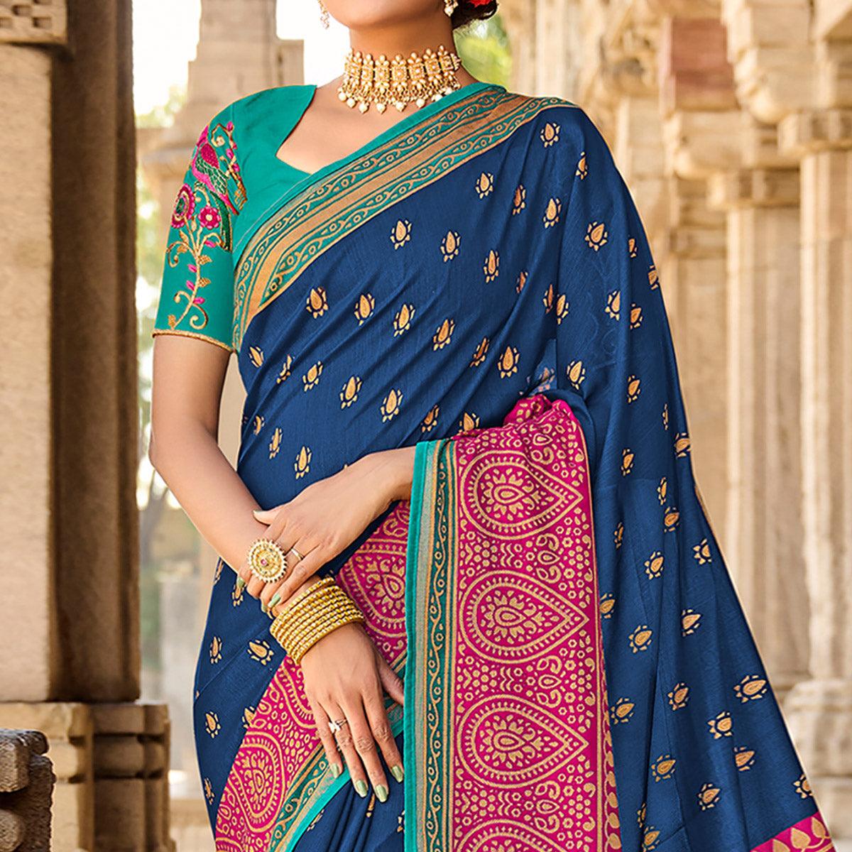 Blue Printed Art Silk Saree With Tassels - Peachmode