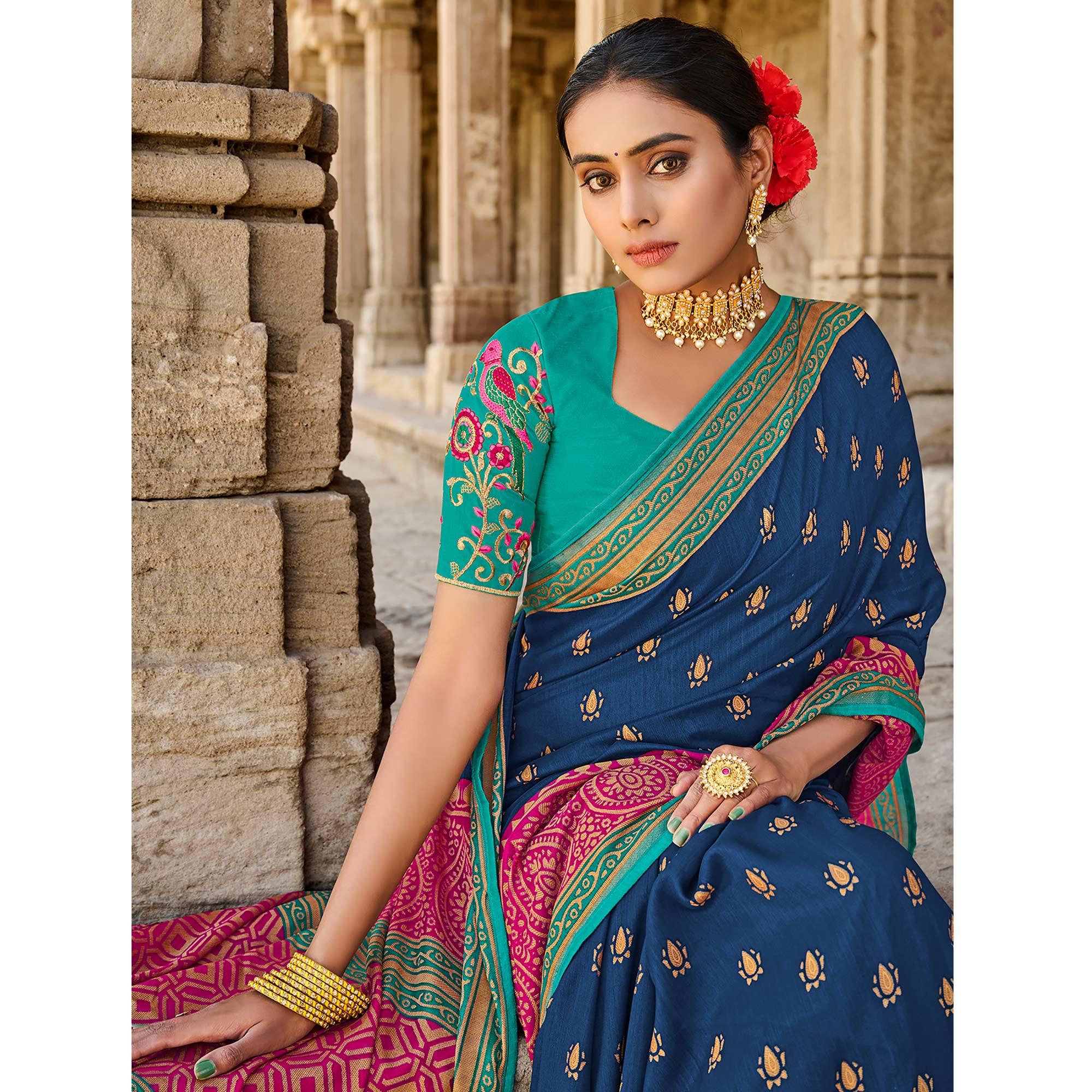 Blue Printed Art Silk Saree With Tassels - Peachmode