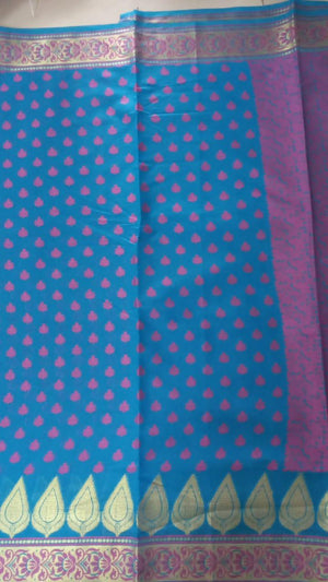 Blue Printed Banarasi Silk Saree - Peachmode