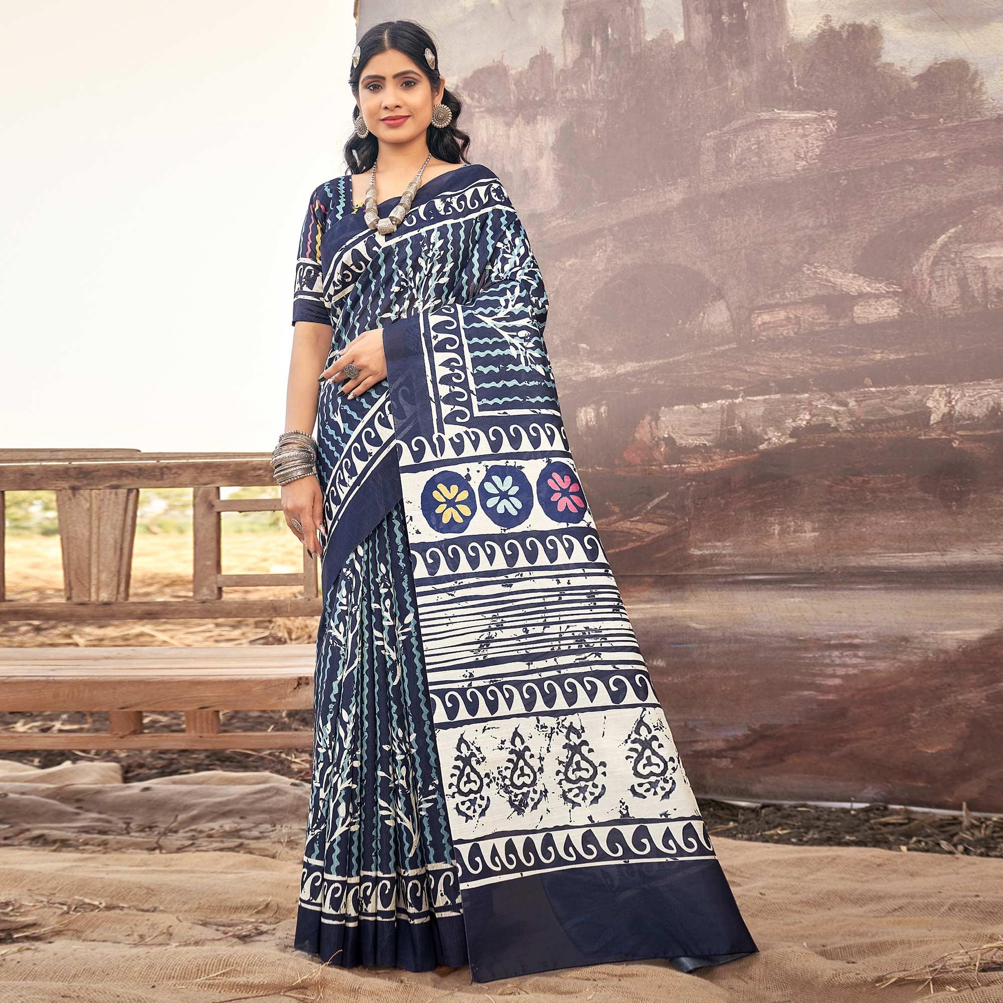 Blue Printed Bhagalpuri Silk Saree - Peachmode
