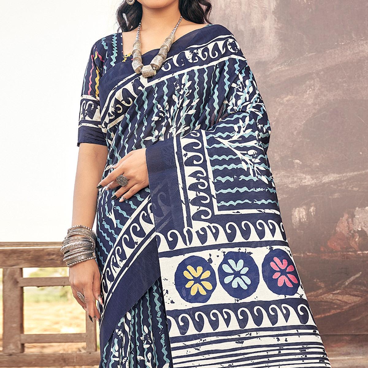 Blue Printed Bhagalpuri Silk Saree - Peachmode