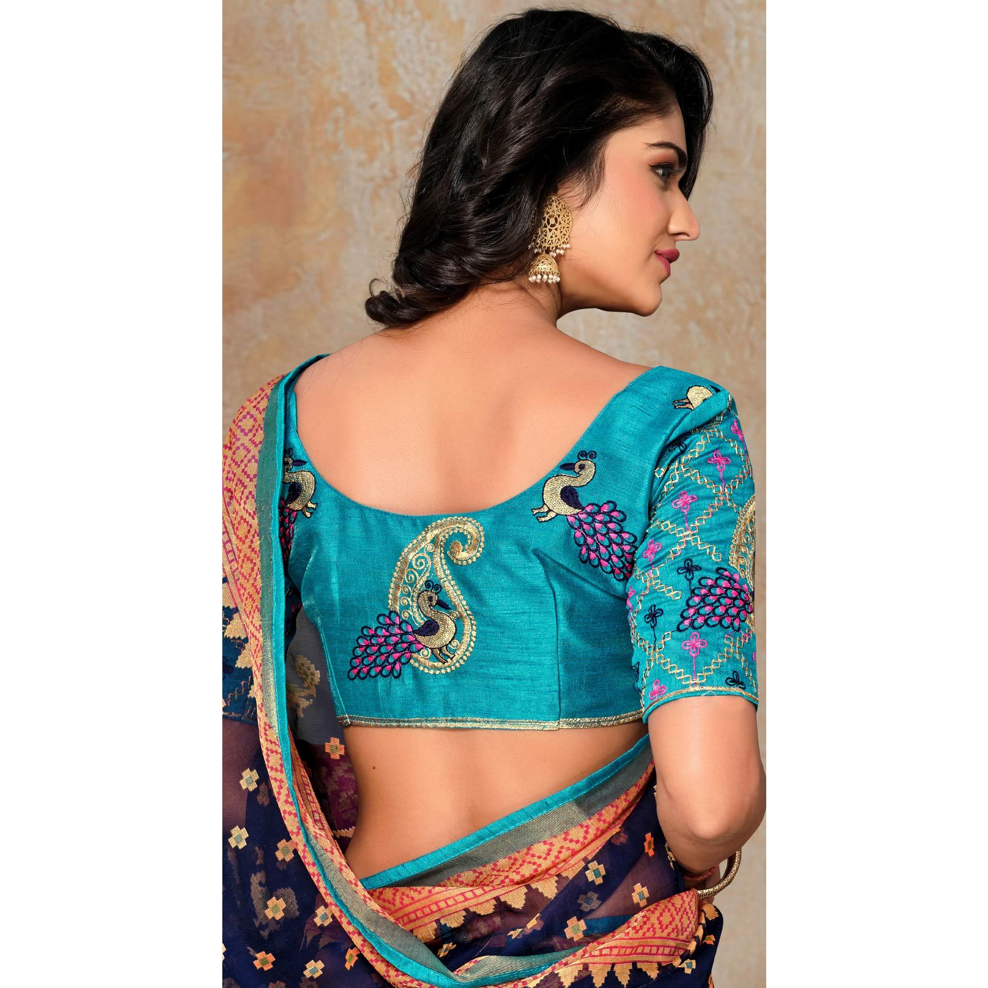 Blue Printed Brasso Saree - Peachmode