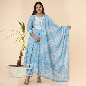 Blue Printed Cotton Anarkali Kurti Pant Set With Dupatta - Peachmode