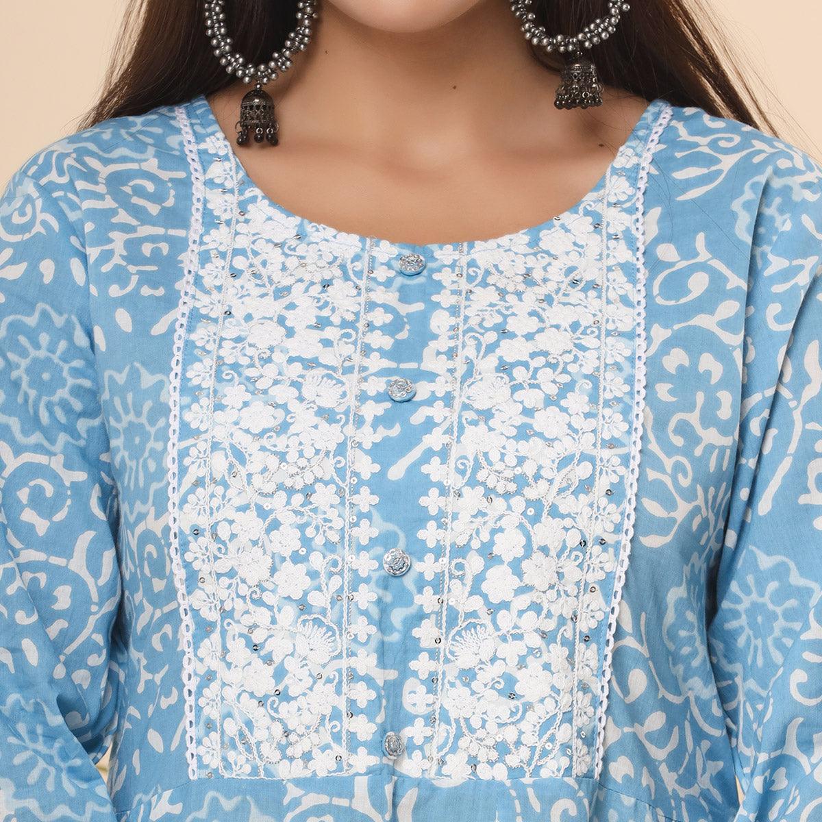 Blue Printed Cotton Anarkali Kurti Pant Set With Dupatta - Peachmode