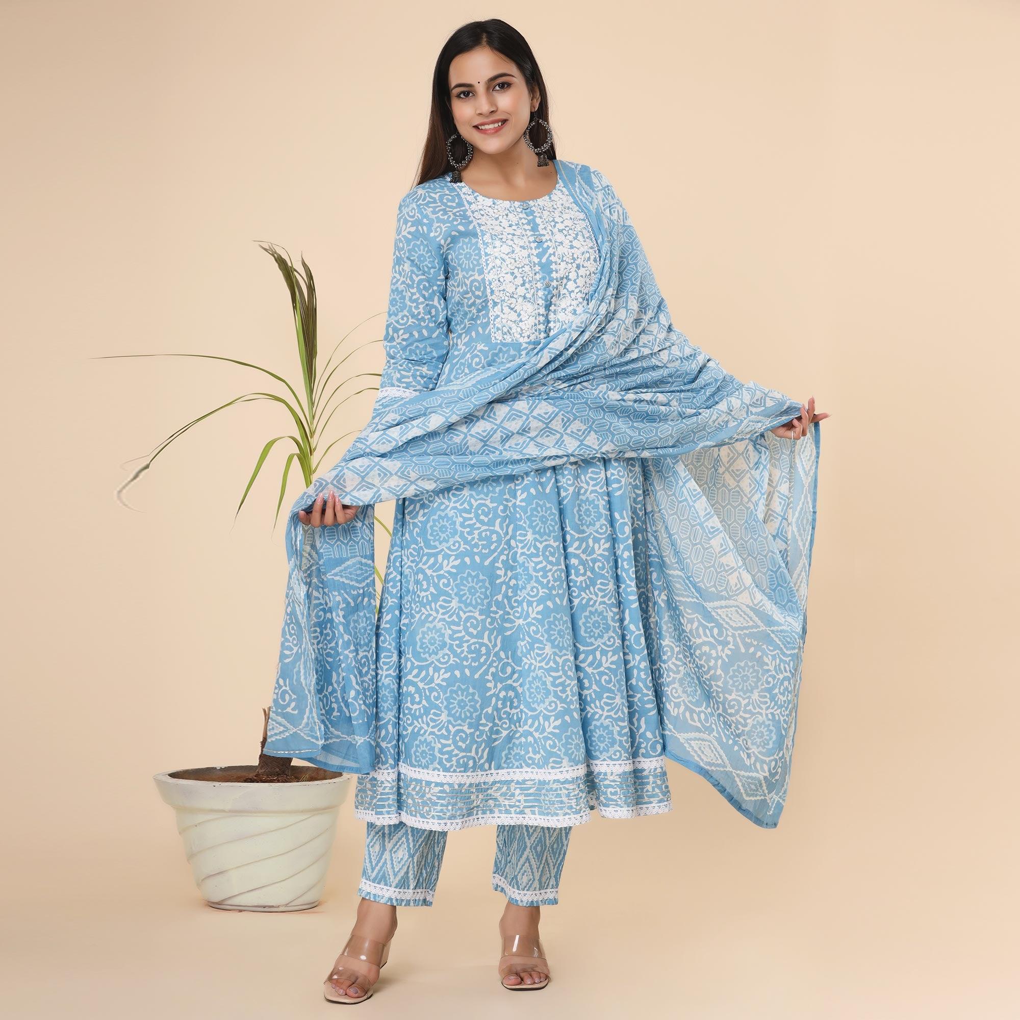 Blue Printed Cotton Anarkali Kurti Pant Set With Dupatta - Peachmode