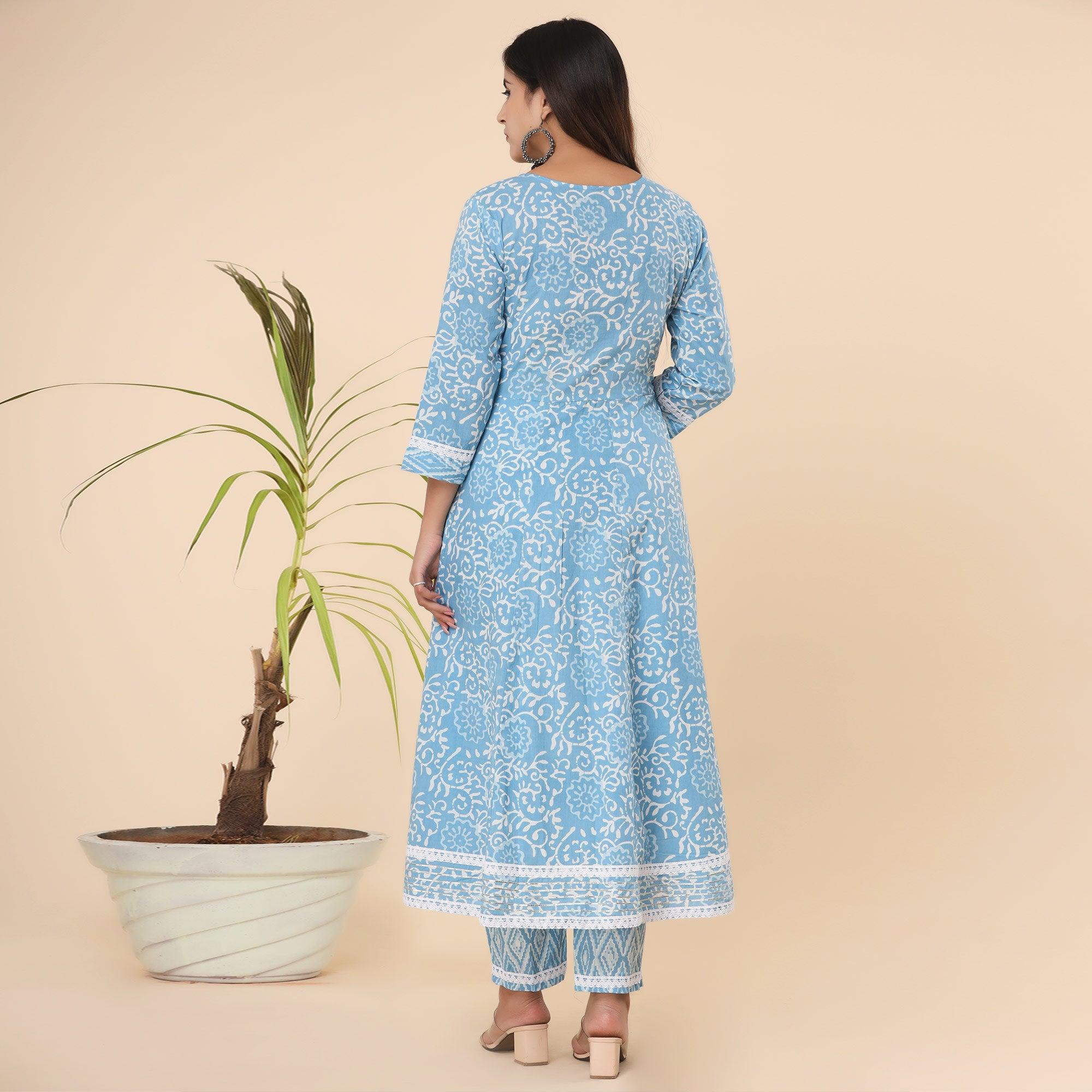 Blue Printed Cotton Anarkali Kurti Pant Set With Dupatta - Peachmode
