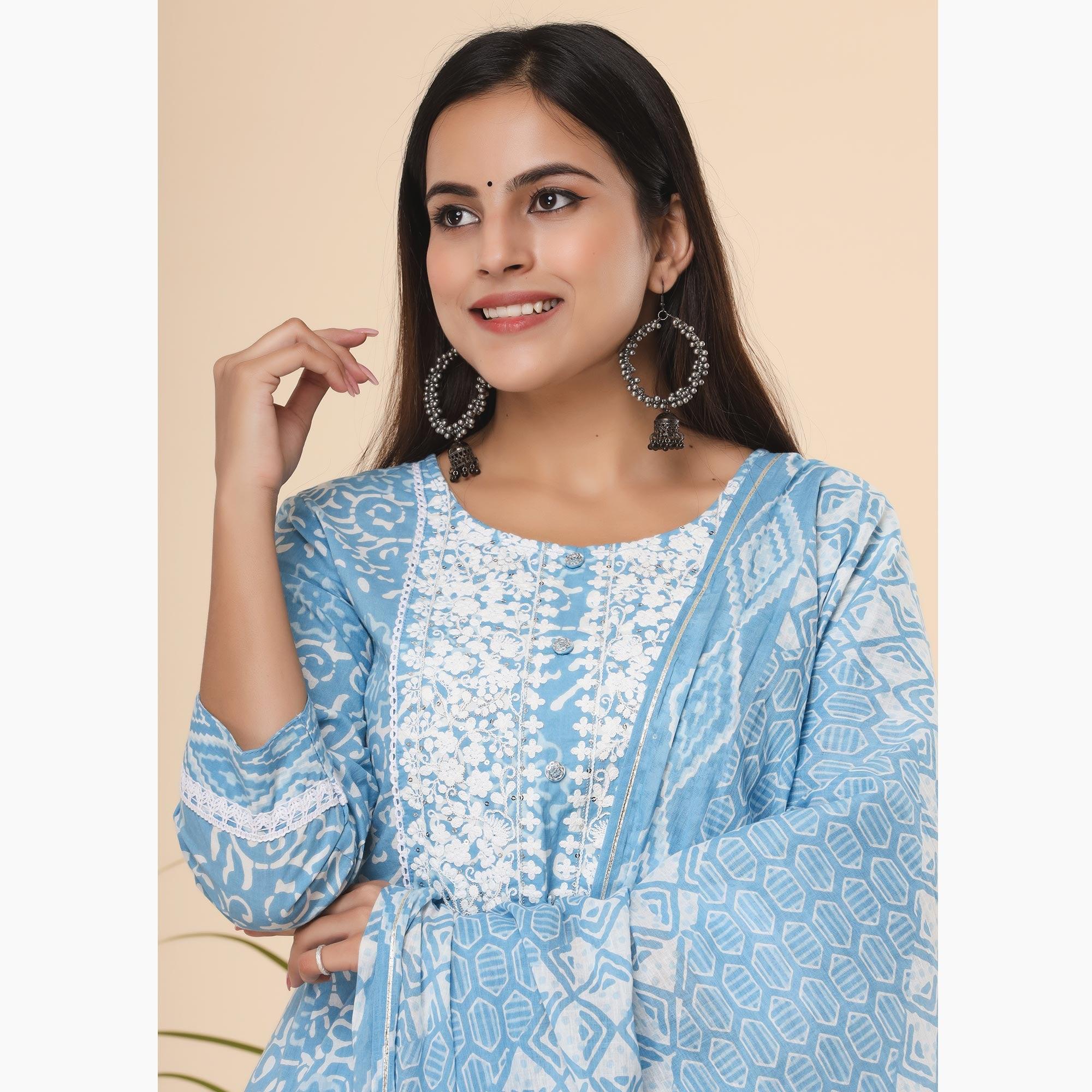 Blue Printed Cotton Anarkali Kurti Pant Set With Dupatta - Peachmode
