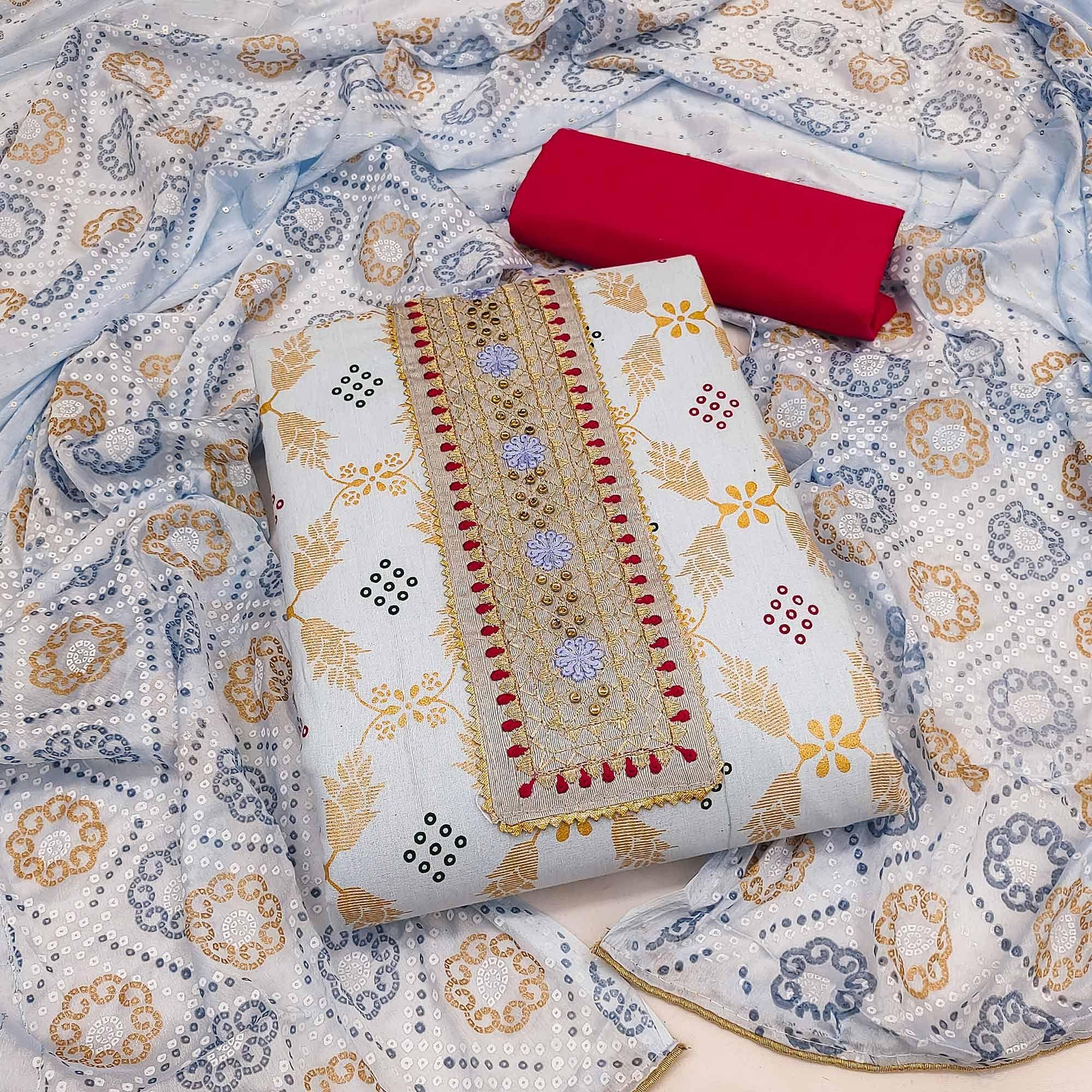 Blue Printed Cotton Dress Material - Peachmode