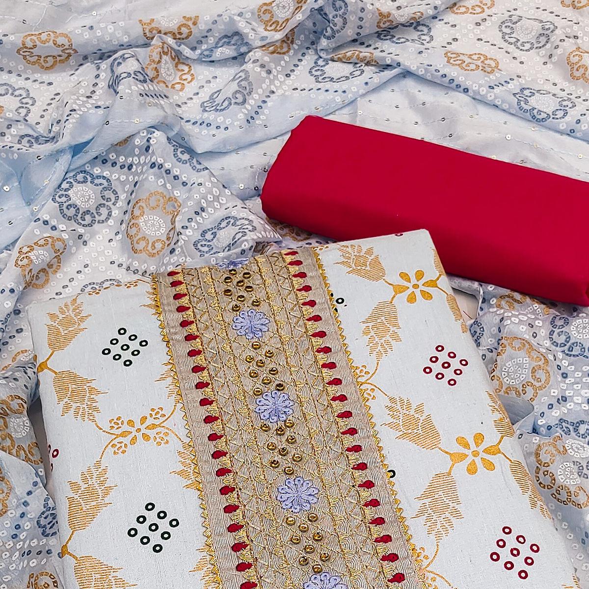 Blue Printed Cotton Dress Material - Peachmode