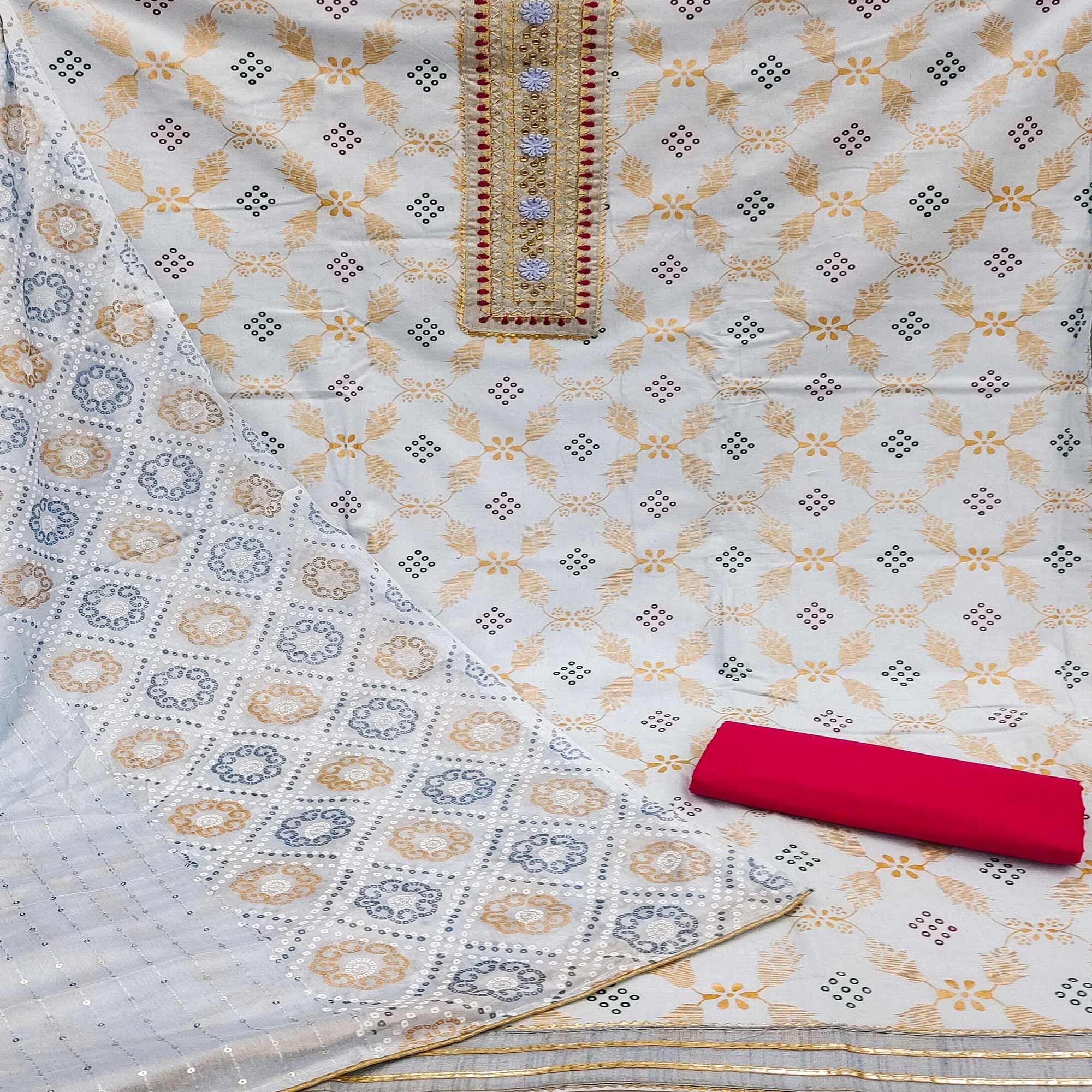 Blue Printed Cotton Dress Material - Peachmode