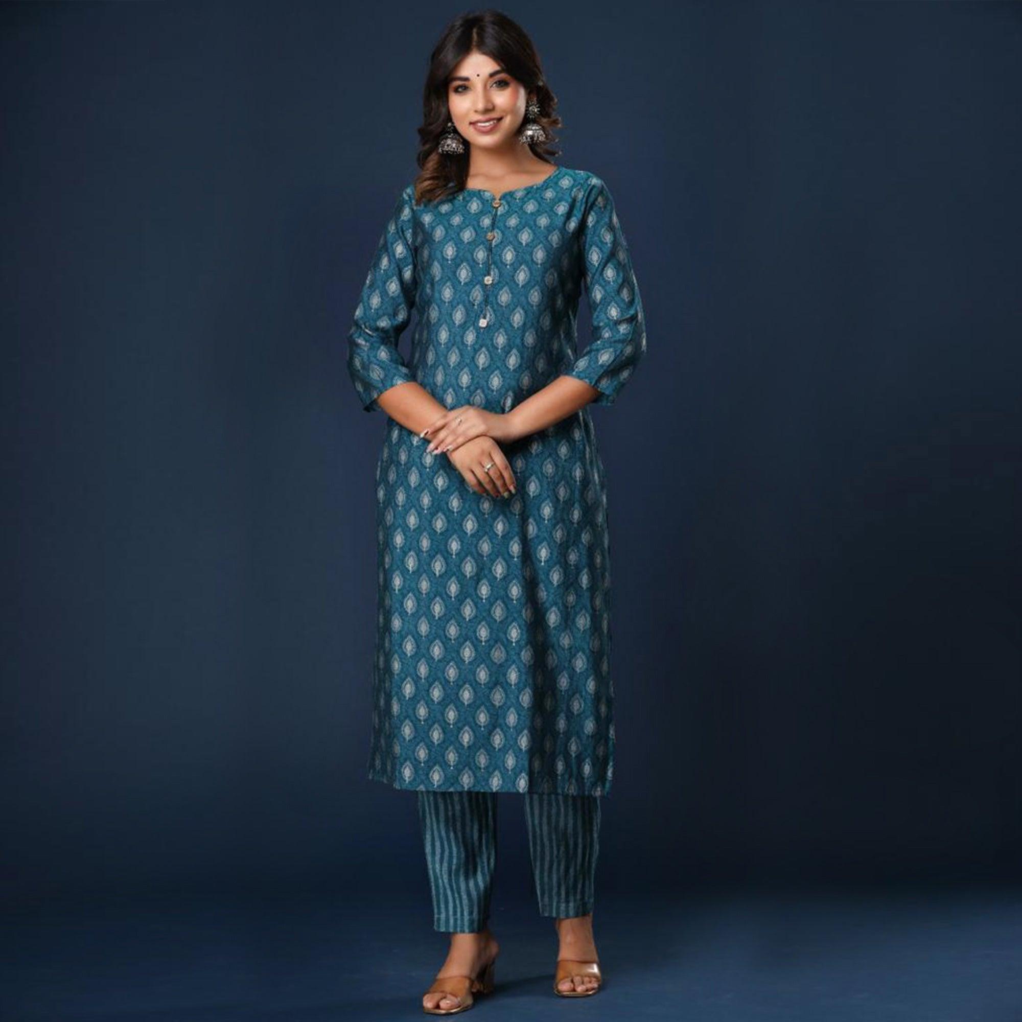 Blue Printed Cotton Silk Kurti Pant Set - Peachmode