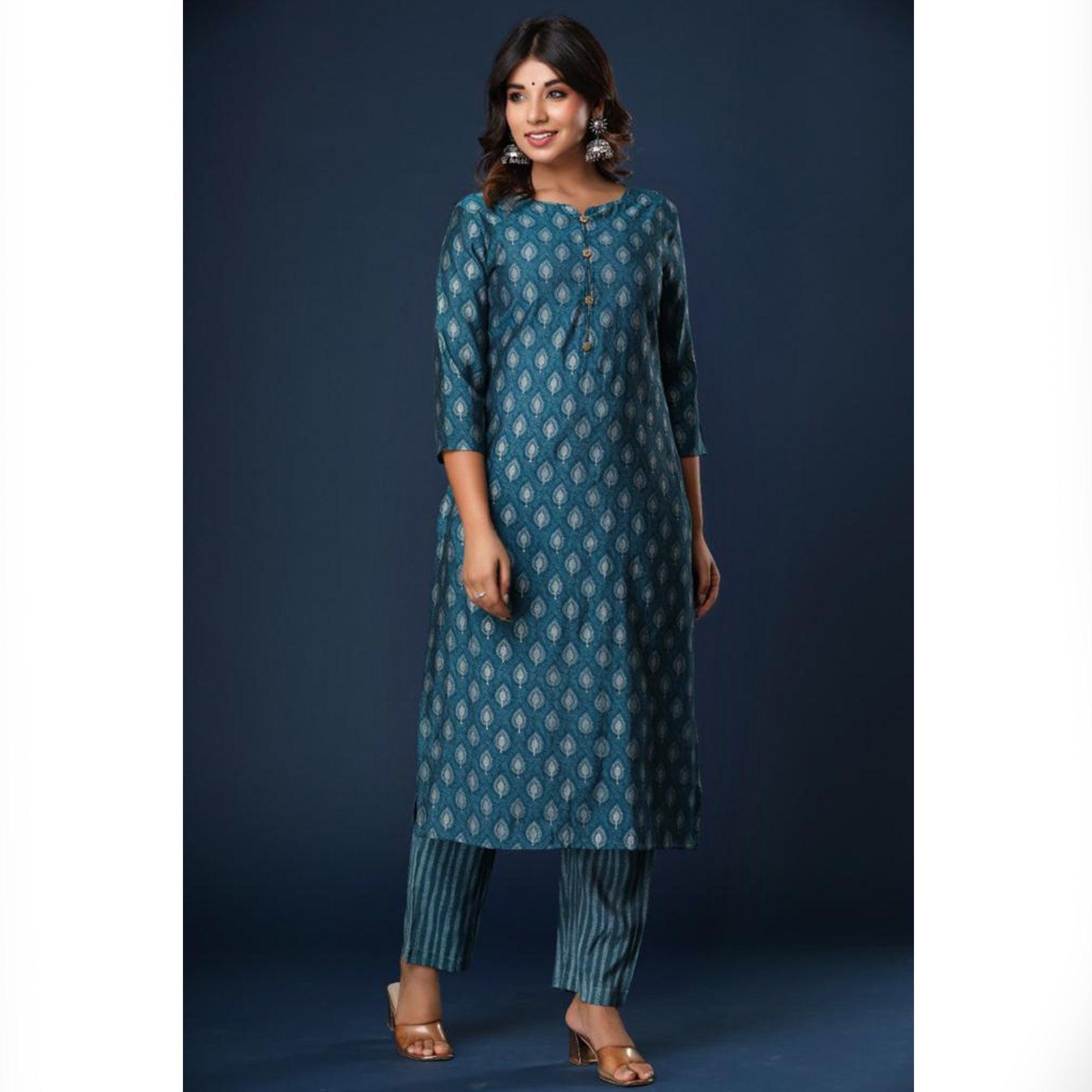 Blue Printed Cotton Silk Kurti Pant Set - Peachmode