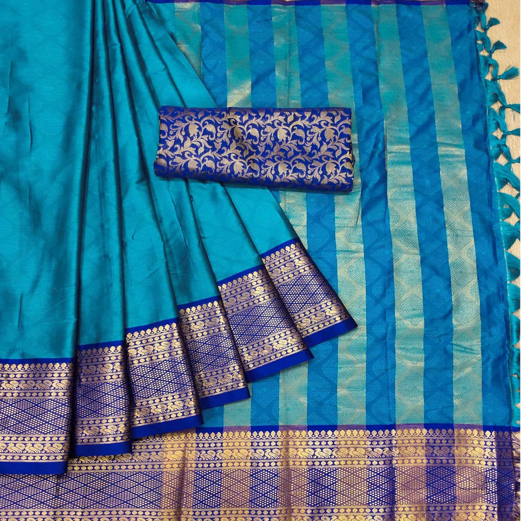 Blue Printed Cotton Silk Saree - Peachmode