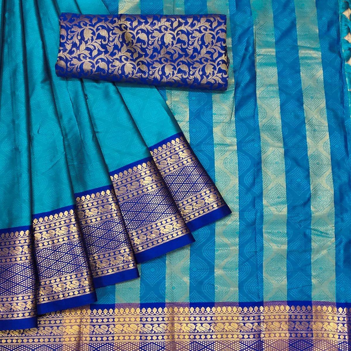 Blue Printed Cotton Silk Saree - Peachmode