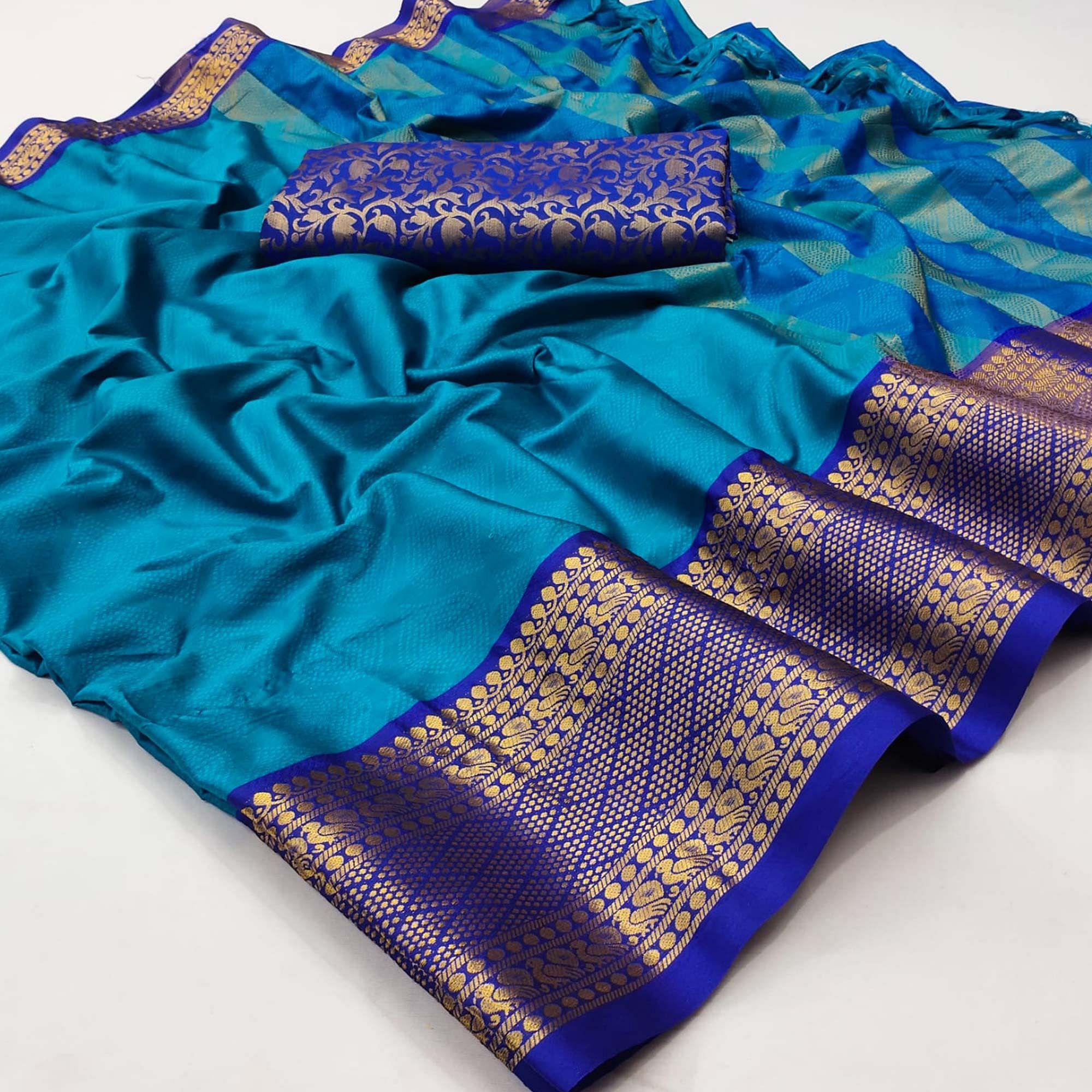 Blue Printed Cotton Silk Saree - Peachmode