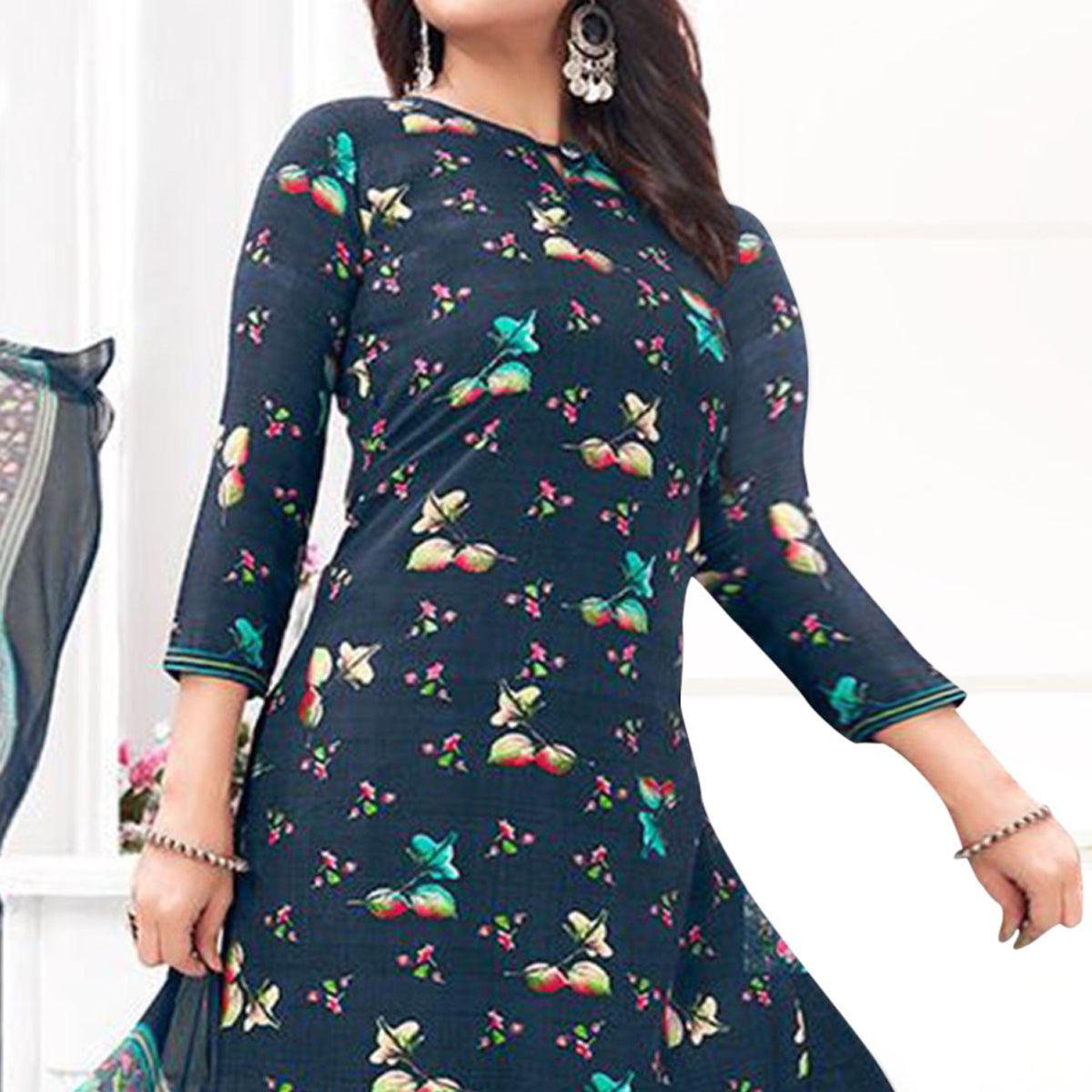 Blue Printed Crepe Dress Material - Peachmode