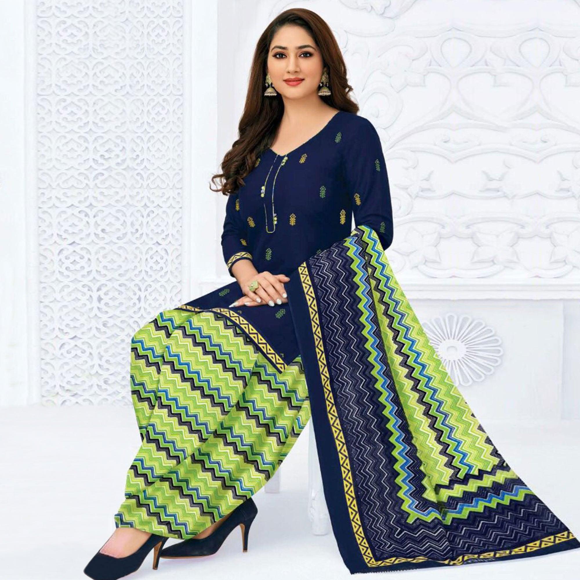 Blue Printed Crepe Patiala Dress Material - Peachmode