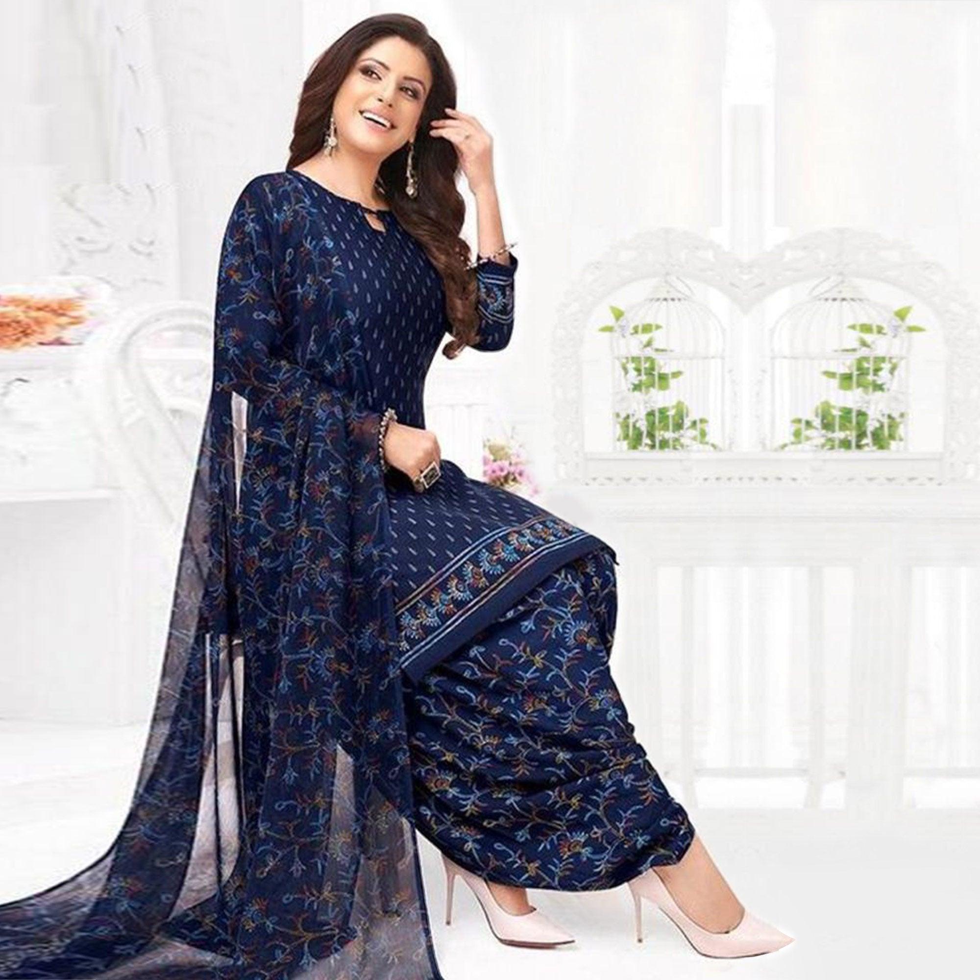 Blue Printed Crepe Patiala Dress Material - Peachmode