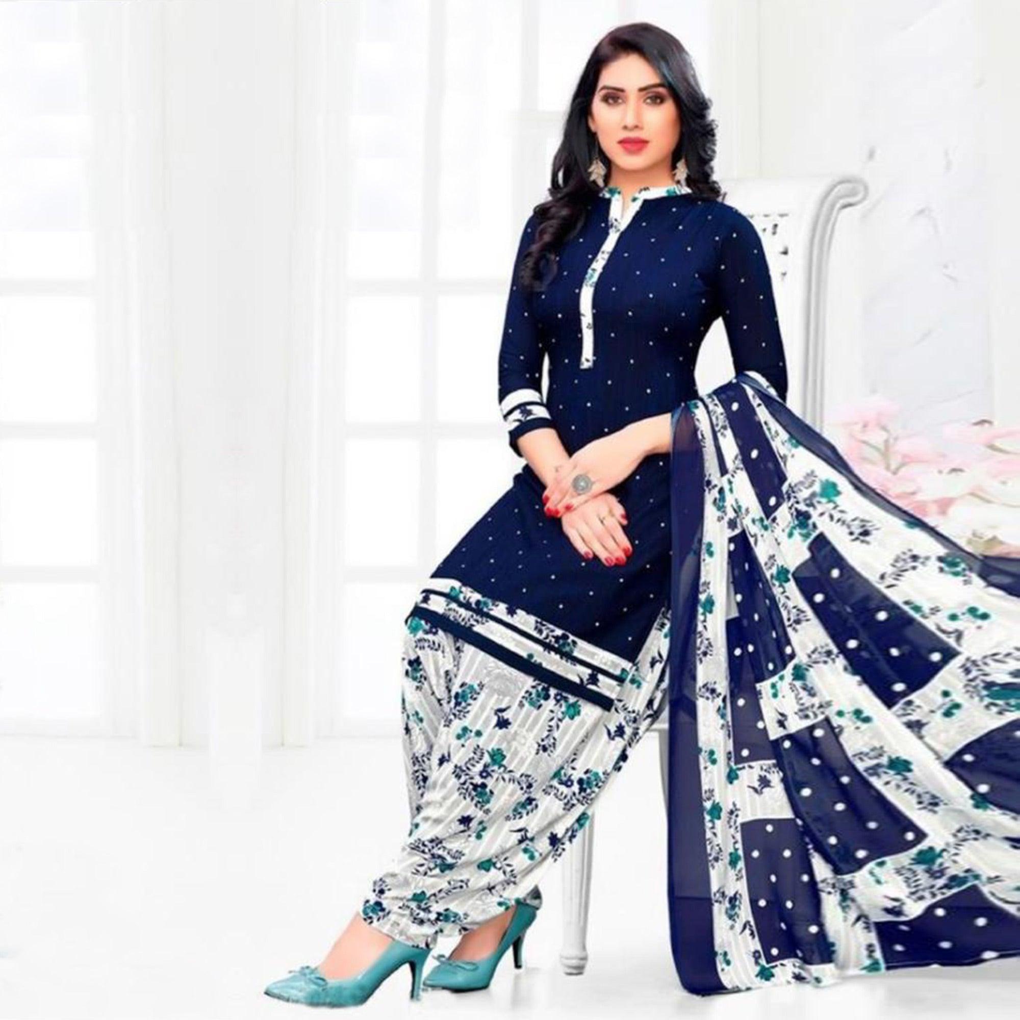 Blue Printed Crepe Patiala Dress Material - Peachmode