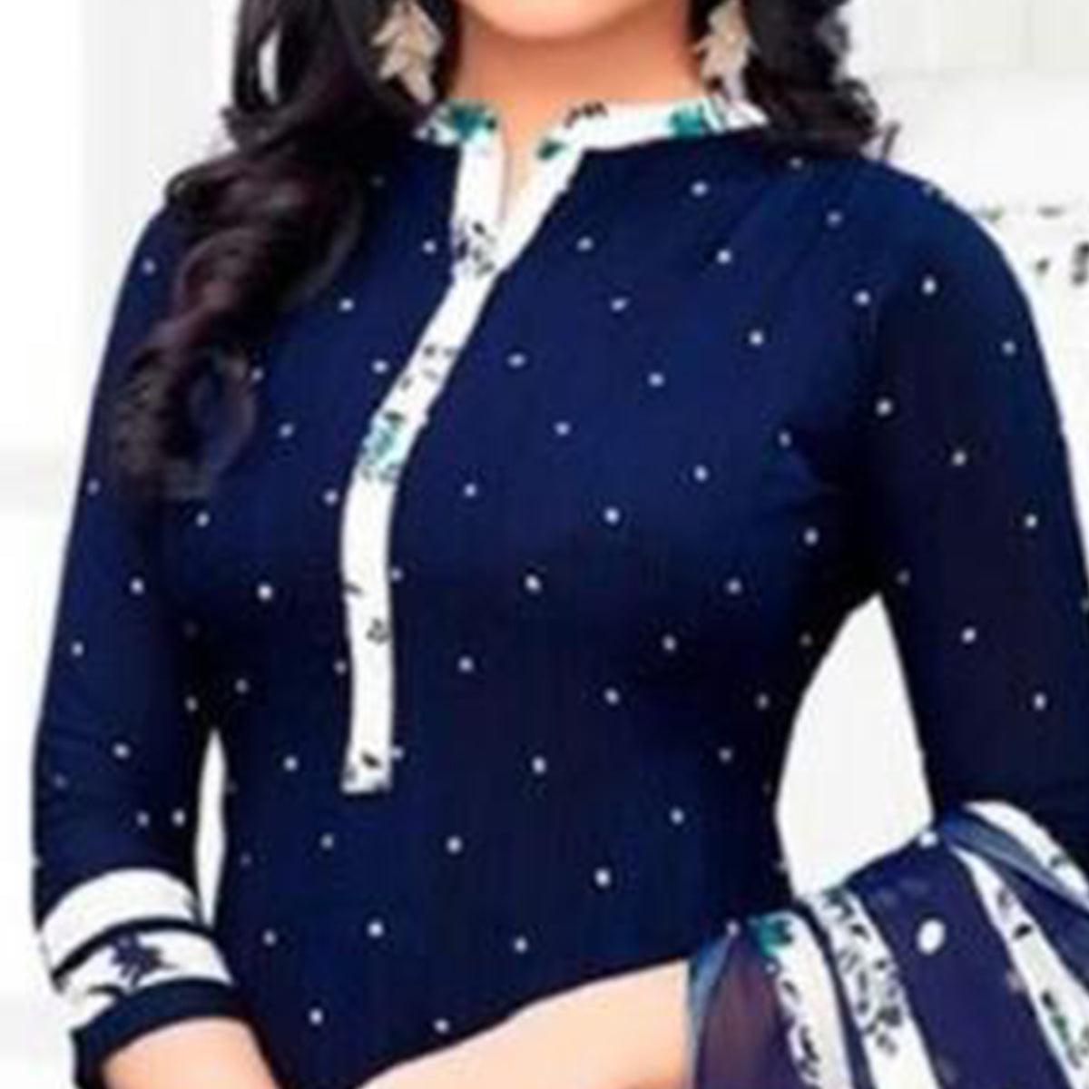 Blue Printed Crepe Patiala Dress Material - Peachmode