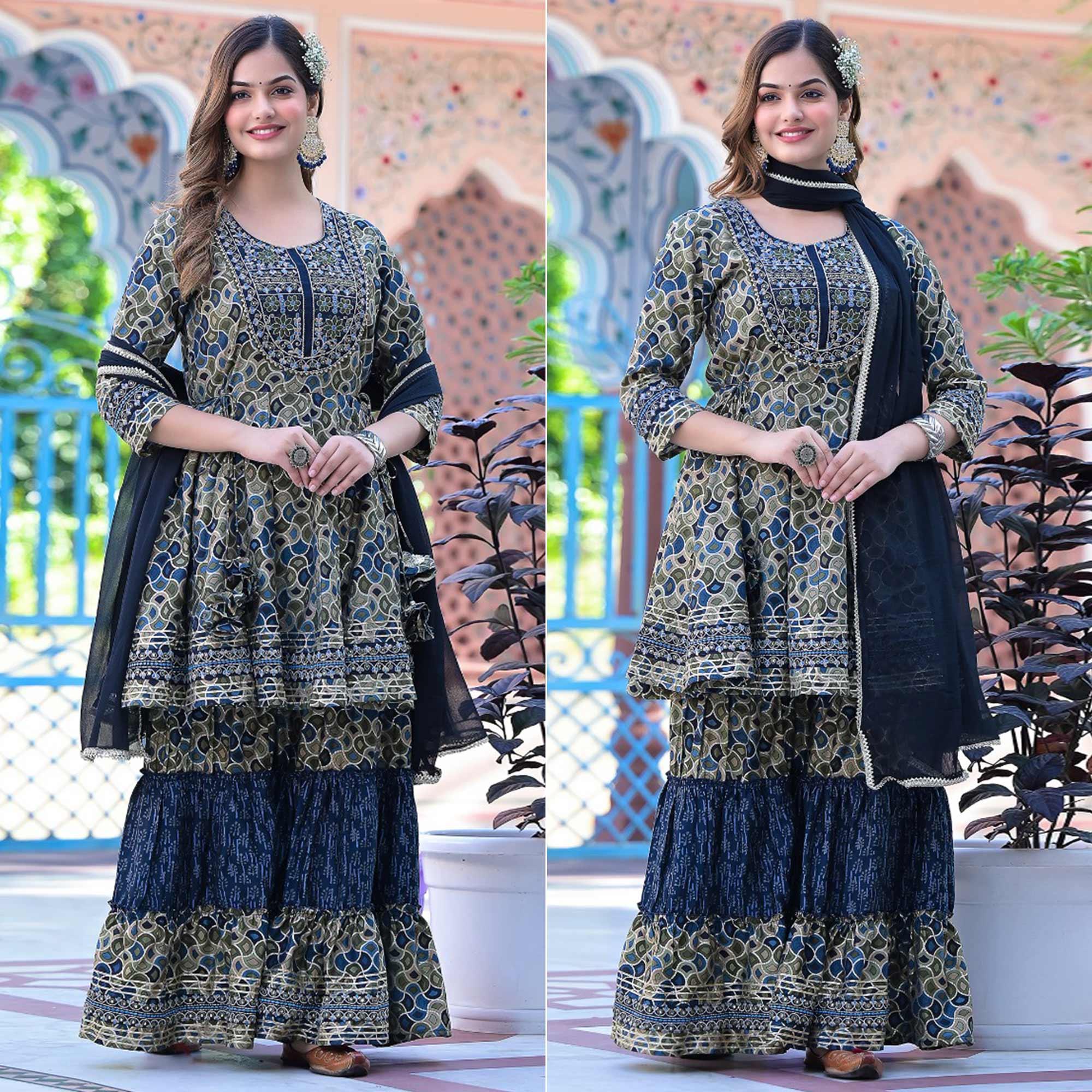 Blue Printed-Embroidered Chanderi Sharara Suit - Peachmode