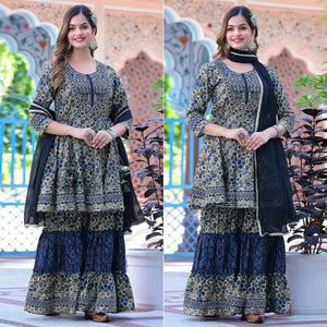 Blue Printed-Embroidered Chanderi Sharara Suit - Peachmode