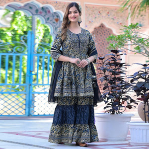 Blue Printed-Embroidered Chanderi Sharara Suit - Peachmode