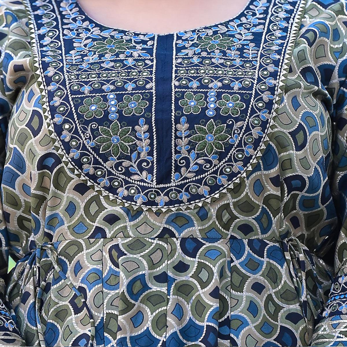 Blue Printed-Embroidered Chanderi Sharara Suit - Peachmode