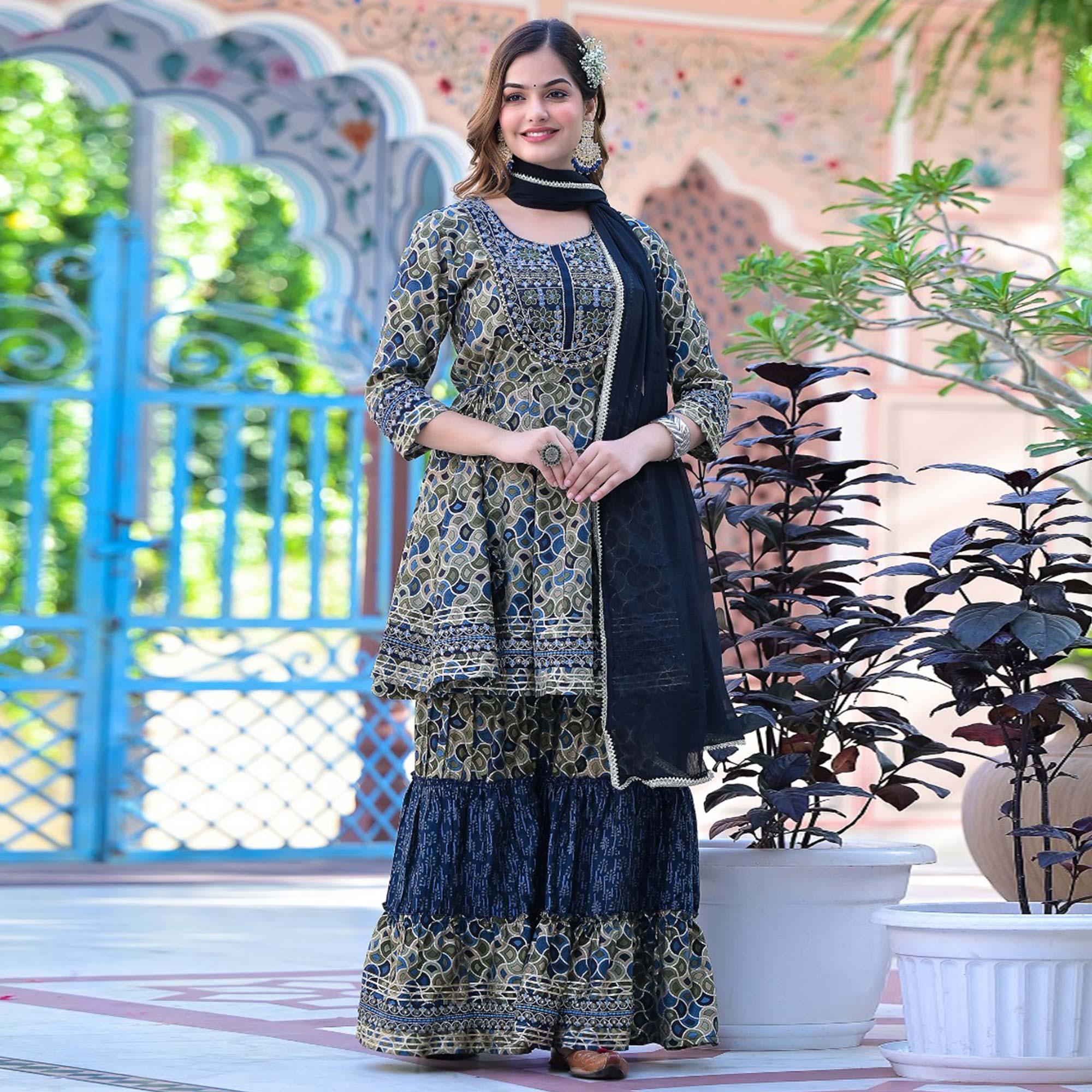Blue Printed-Embroidered Chanderi Sharara Suit - Peachmode