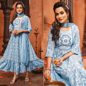 Blue Printed-Embroidered Poly Cotton Gown With Dupatta - Peachmode