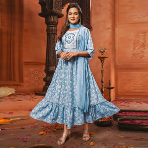 Blue Printed-Embroidered Poly Cotton Gown With Dupatta - Peachmode