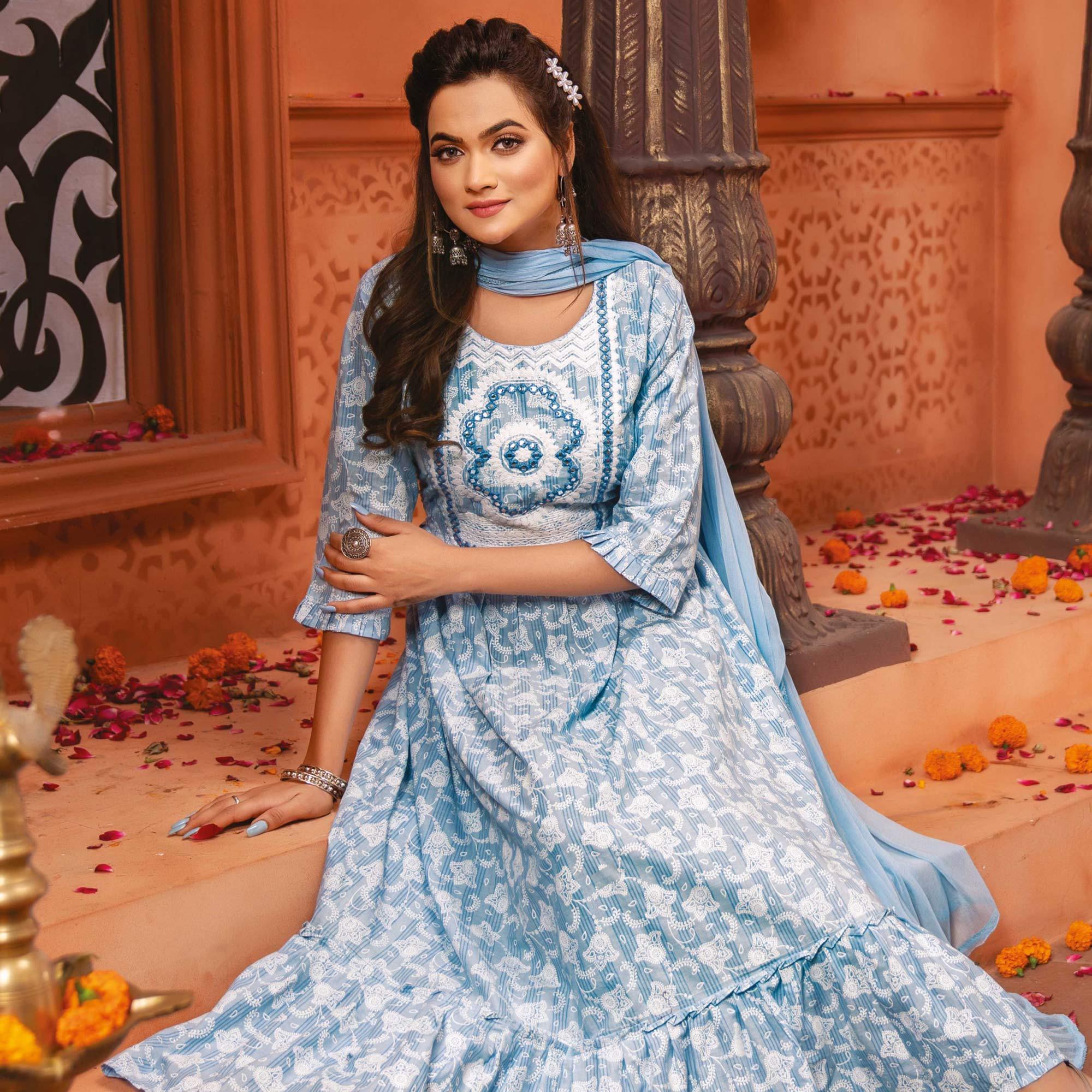 Blue Printed-Embroidered Poly Cotton Gown With Dupatta - Peachmode