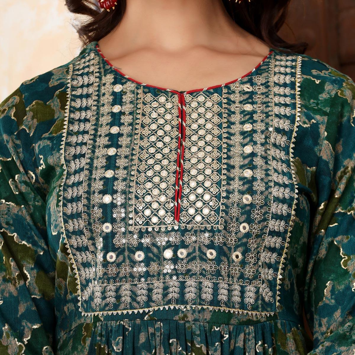 Blue Printed-Embroidered Rayon Salwar Suit - Peachmode
