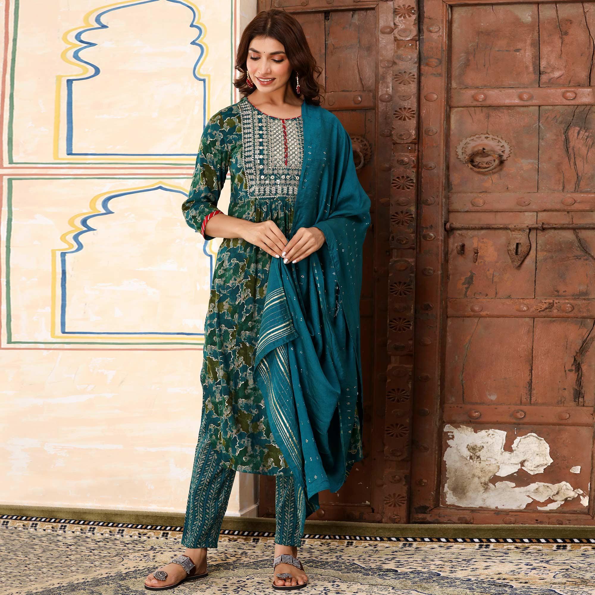 Blue Printed-Embroidered Rayon Salwar Suit - Peachmode