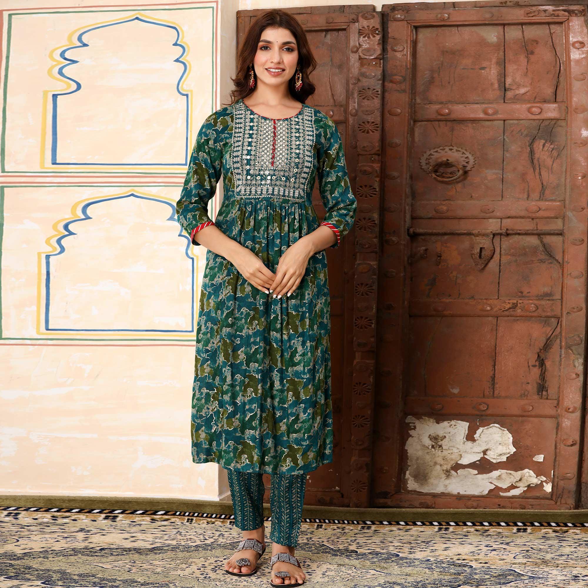 Blue Printed-Embroidered Rayon Salwar Suit - Peachmode